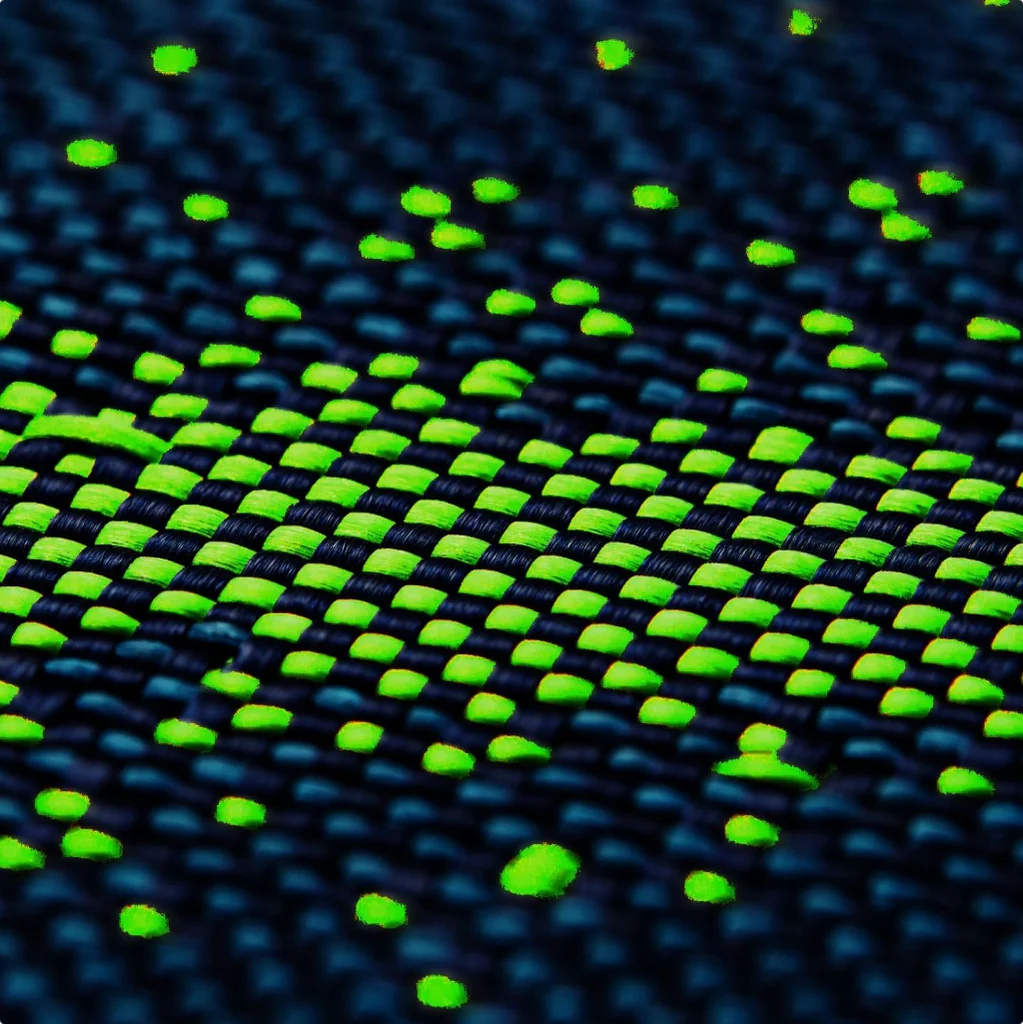 Közeli kép egy szövött anyagról, váltakozó fekete és neon zöld négyzetekkel. Számos szórt zöld pont is látható.