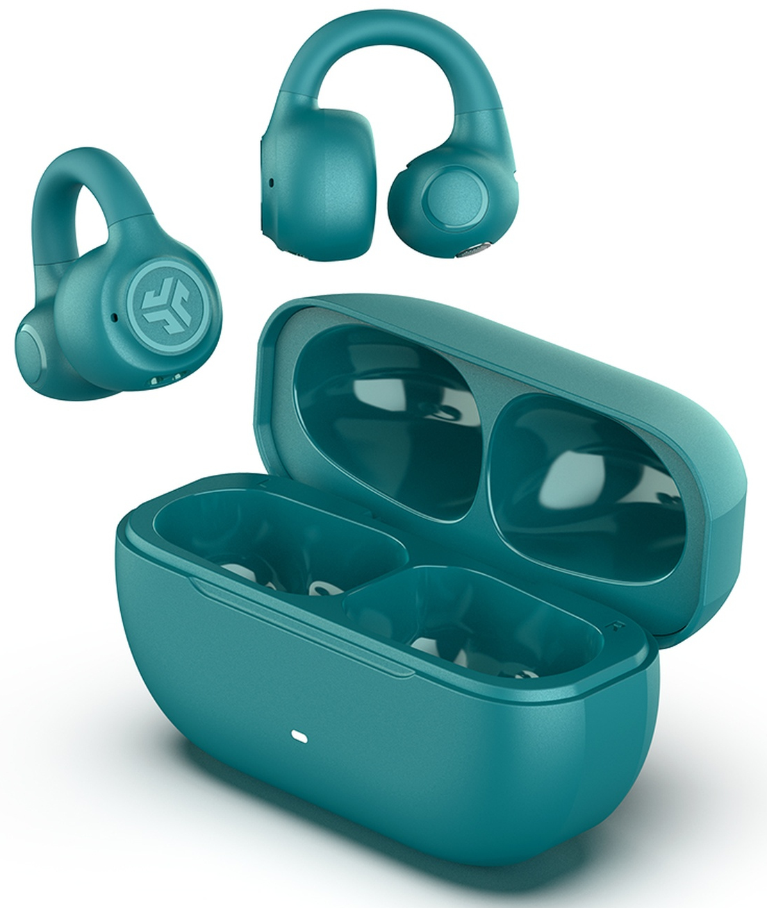 Écouteurs sans fil et étui turquoise. Un écouteur détaché, deux dans l'étui ouvert et un autre au-dessus. Fond blanc.