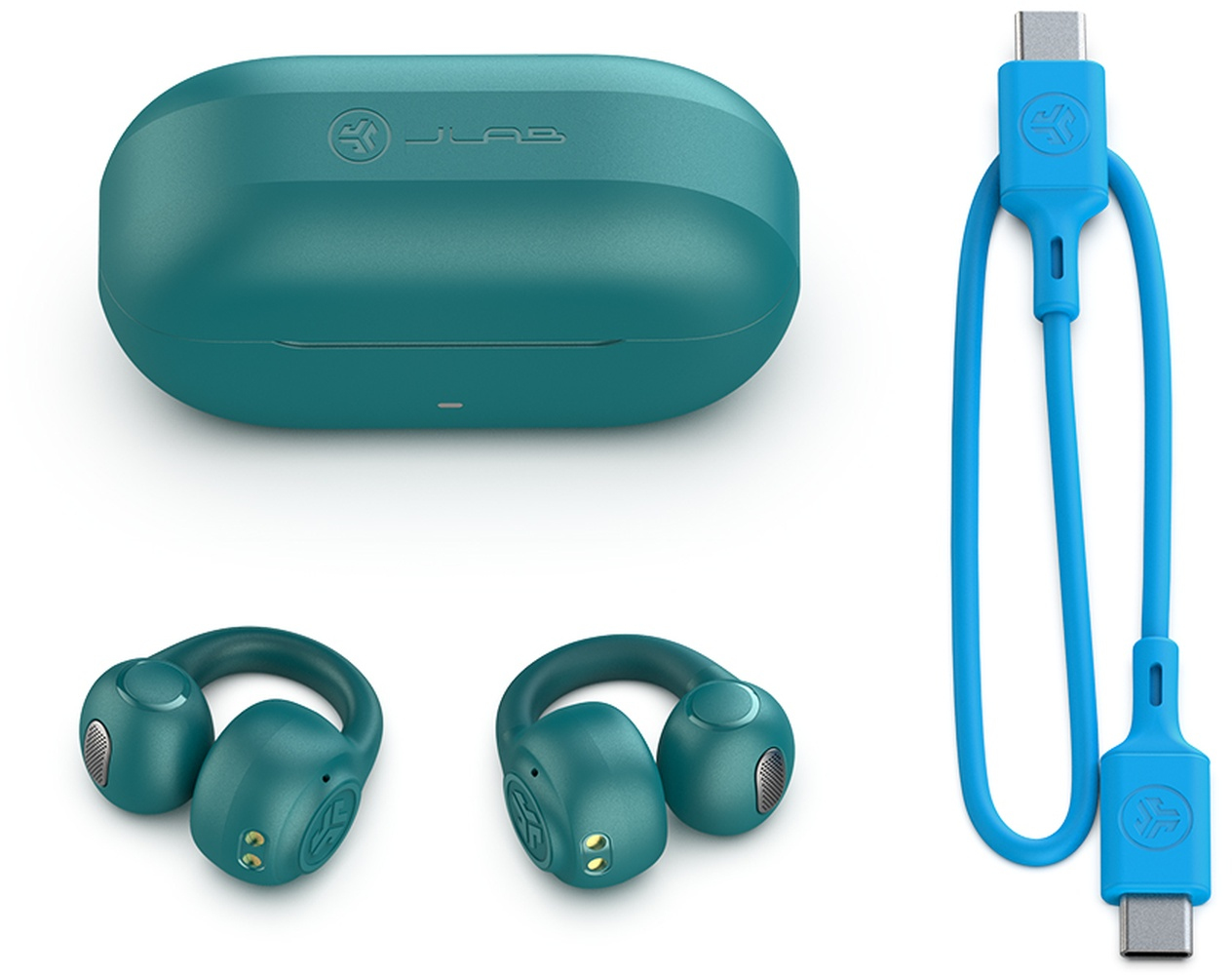 Écouteurs teal en forme de L avec étui de chargement et câble USB-C bleu.