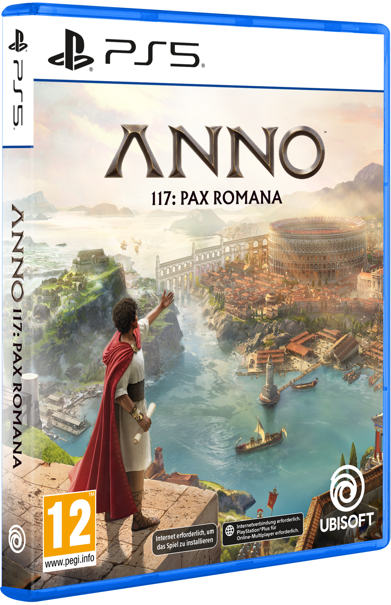Spielcover für Anno 117: Pax Romana. Ein Mann mit rotem Umhang zeigt auf eine Stadtlandschaft. Enthält das PS5-Logo und Ubisoft.