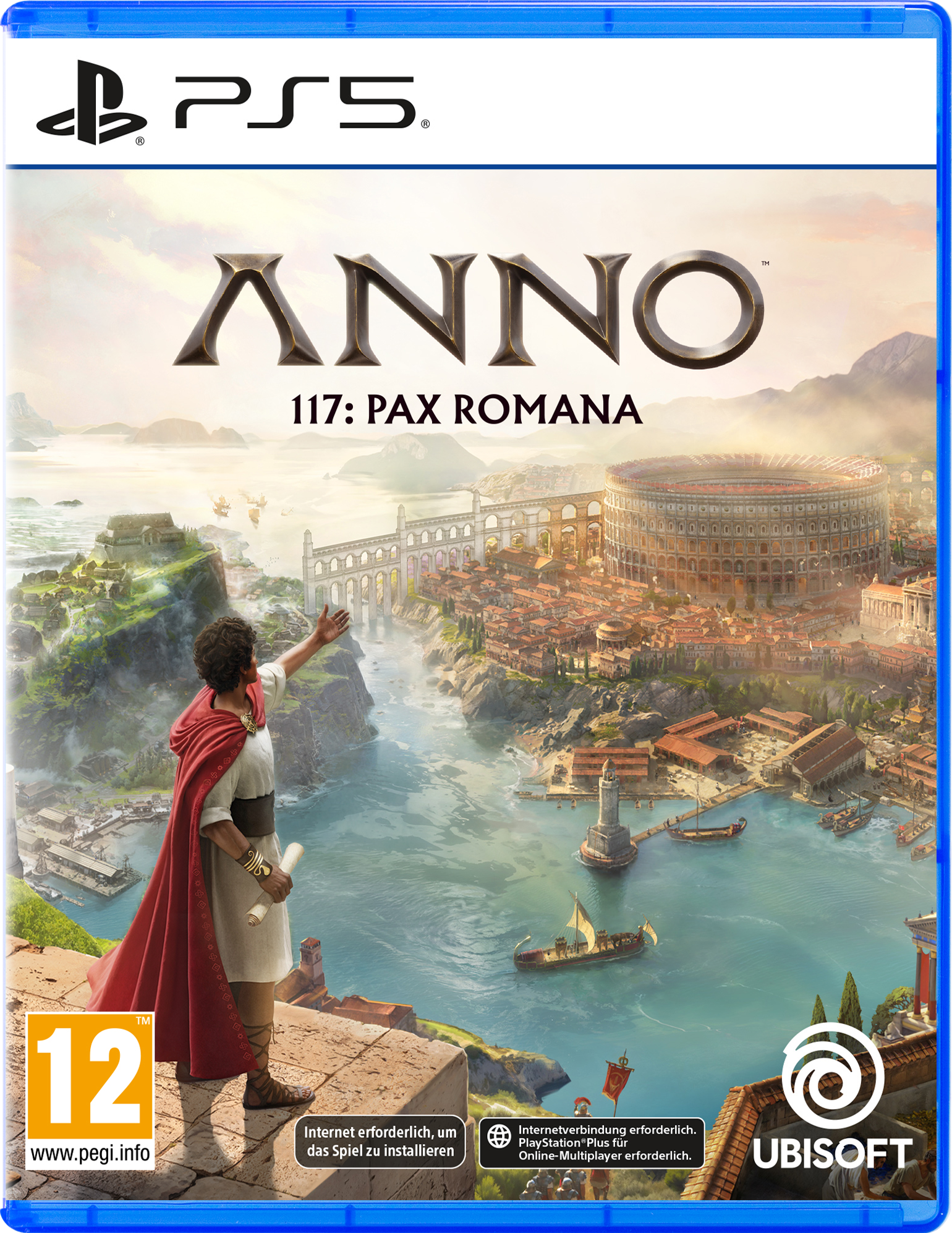 Spielcover: Anno 117 Pax Romana. Eine römische Figur gestikuliert über einer Küstenstadt, mit Kolosseum und Schiffen im Hintergrund.