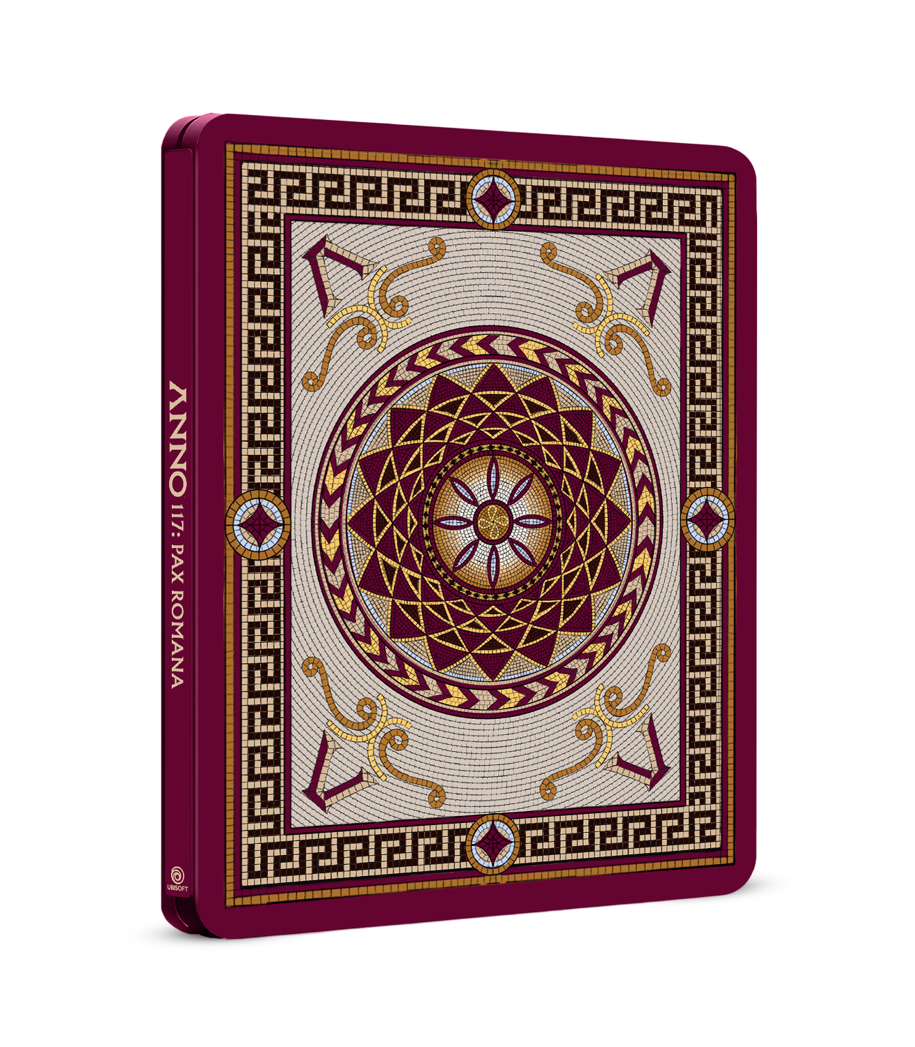 Eine weinrote Metallbox mit Mosaikdesign. Das Design beinhaltet geometrische Muster, eine zentrale Blume und goldene Akzente.