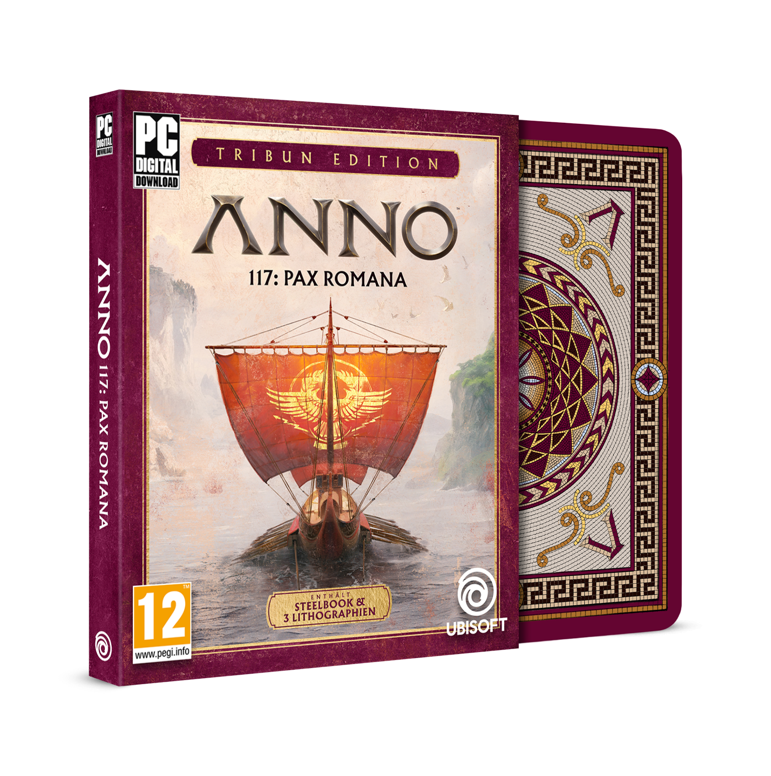 Spielbox-Art für Anno 117: Pax Romana. Ein rotes Kriegsschiff segelt auf dem Wasser. Die Box zeigt Titel und Logo.