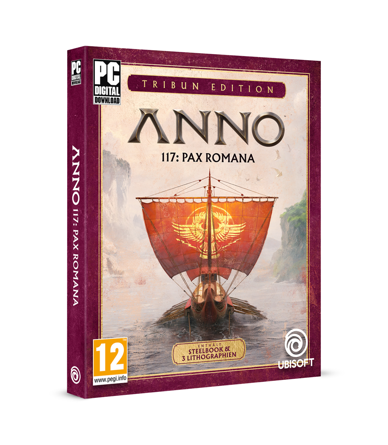 Spielbox für Anno 117: Pax Romana. Zeigt ein Schiff mit rotem Segel auf Wasser. Enthält das Ubisoft-Logo und eine PEGI-Einstufung.