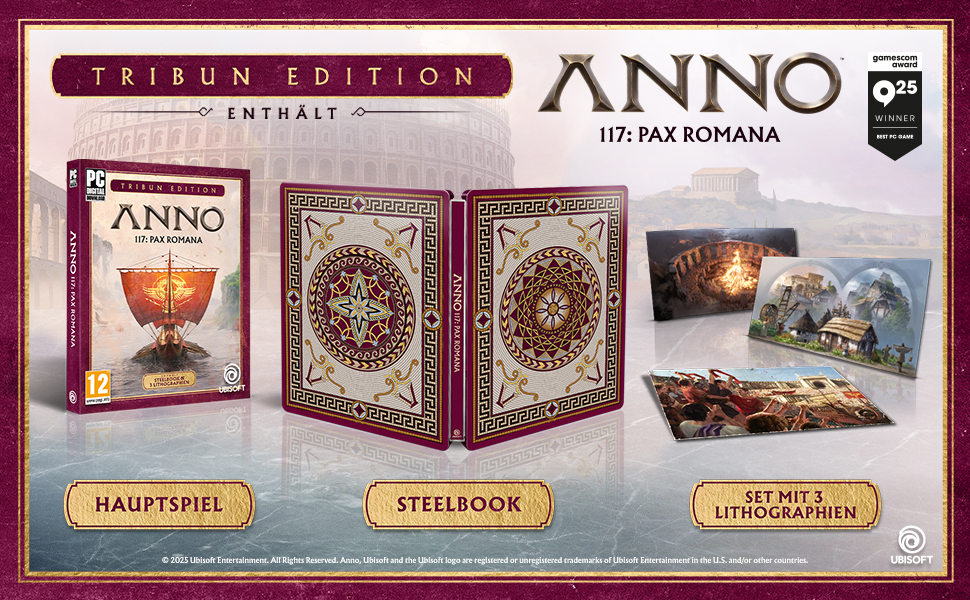 Anno 117: Pax Romana Spielausgabe. Enthält Spiel, Steelbook und Lithografien. Zeigt römische Bilder und das Ubisoft-Logo.