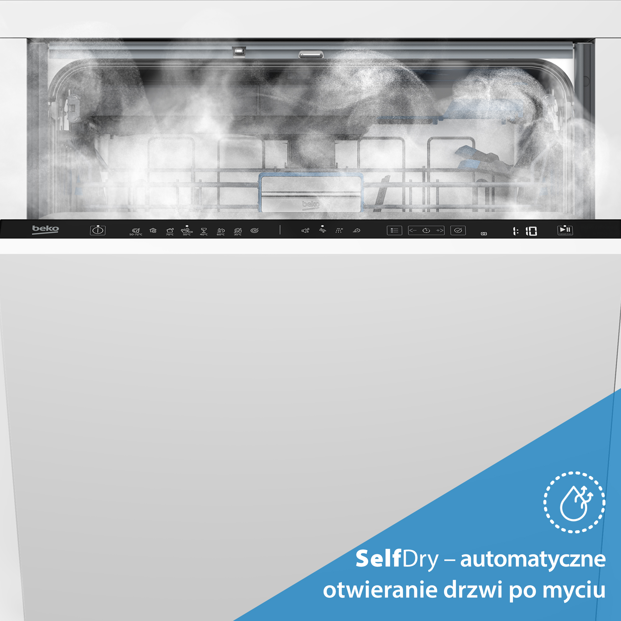Zmywarka z parą w środku. Panel sterowania na dole. Poniżej tekst o automatycznym otwieraniu drzwi po myciu.
