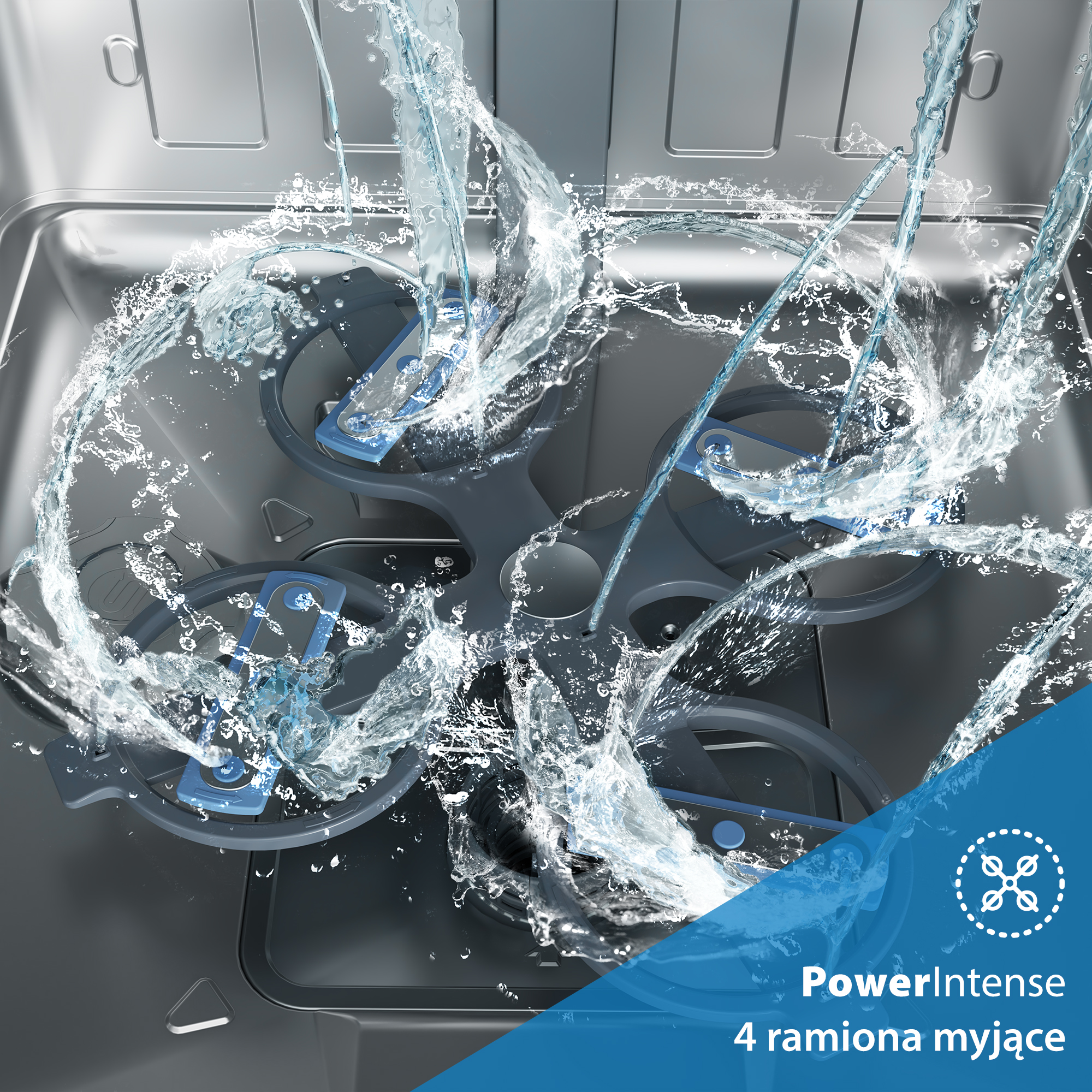Wnętrze zmywarki z strumieniami wody. Widoczne cztery niebieskie obracające się ramiona, woda rozpryskuje się wszędzie.