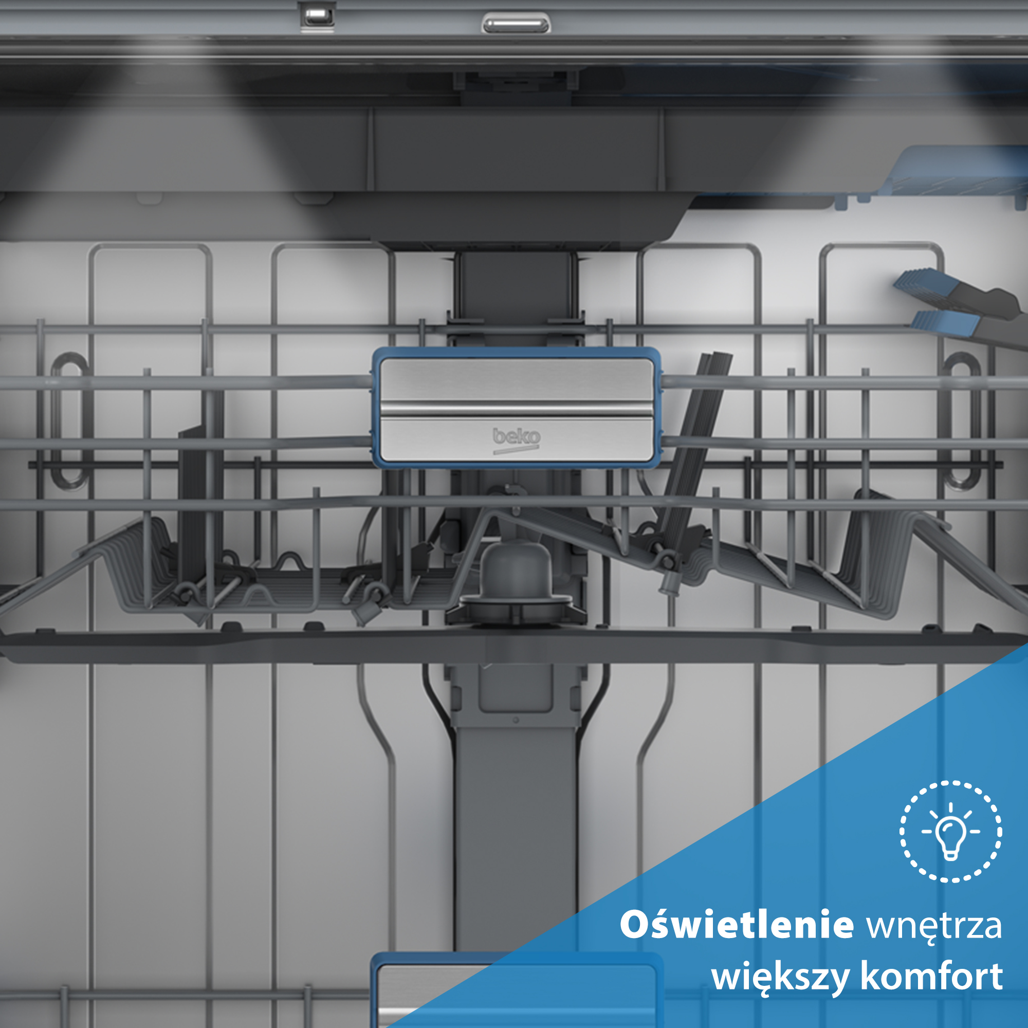 Wnętrze zmywarki, pokazujące kosze, centralny spryskiwacz i logo Beko na panelu. Tło metaliczne.