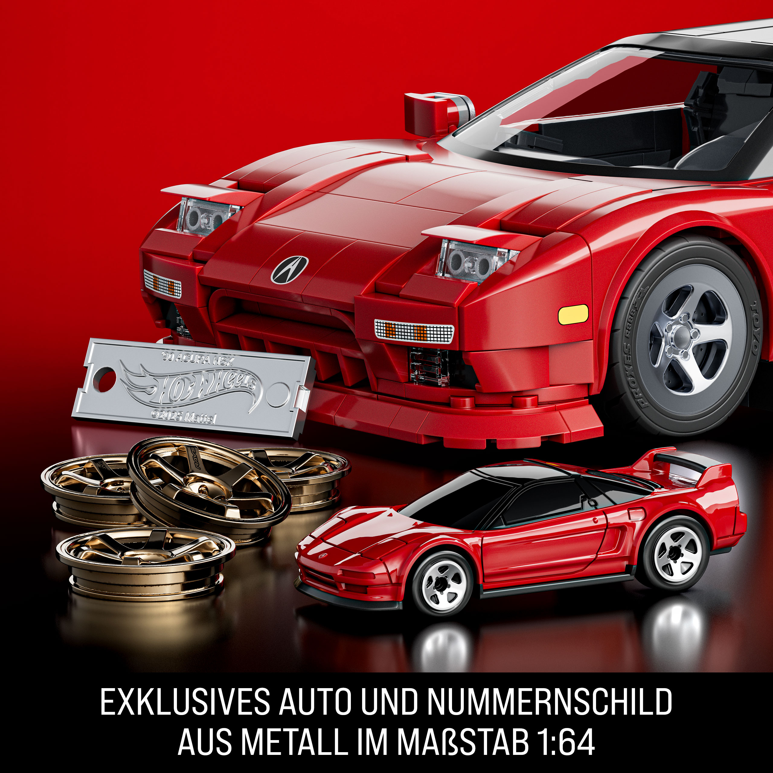 Rotes Spielzeugauto, Modell eines Acura NSX, mit goldenen Felgen und einem Metallkennzeichen auf roter und schwarzer Fläche.