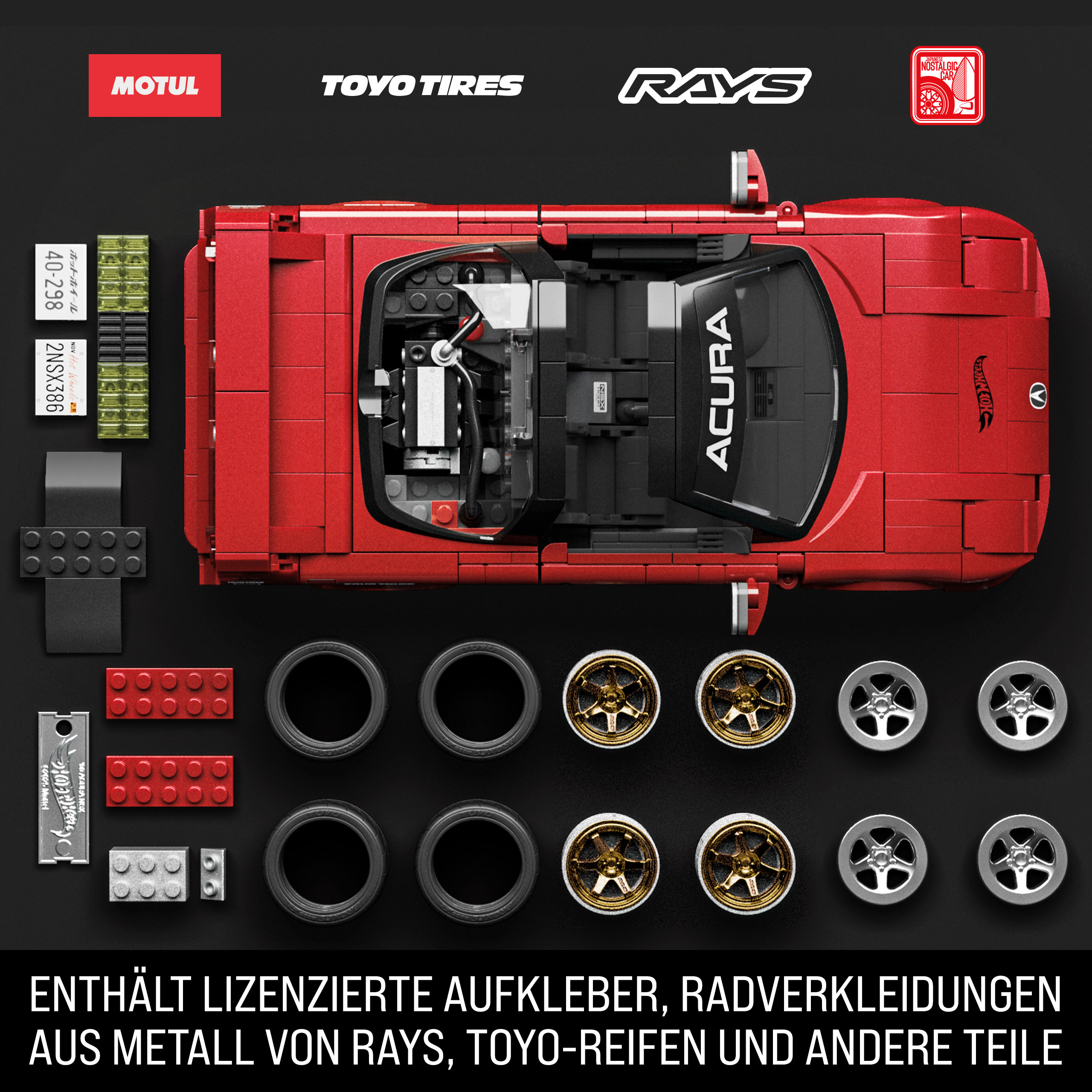 Ein rotes Acura-Modellauto-Kit mit Logos, Rädern, Reifen und Nummernschildern auf schwarzem Hintergrund.