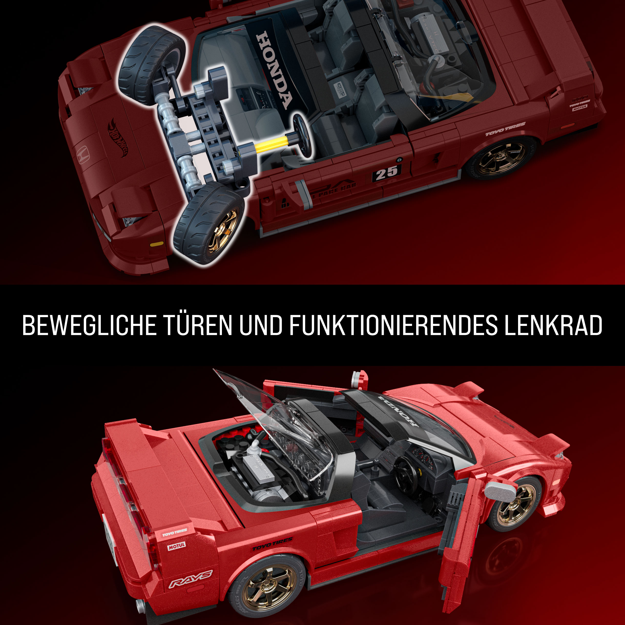 Rotes Lego-Auto mit offenen Türen, das Motordetails und Räder zeigt. Der Hintergrund ist dunkelrot.