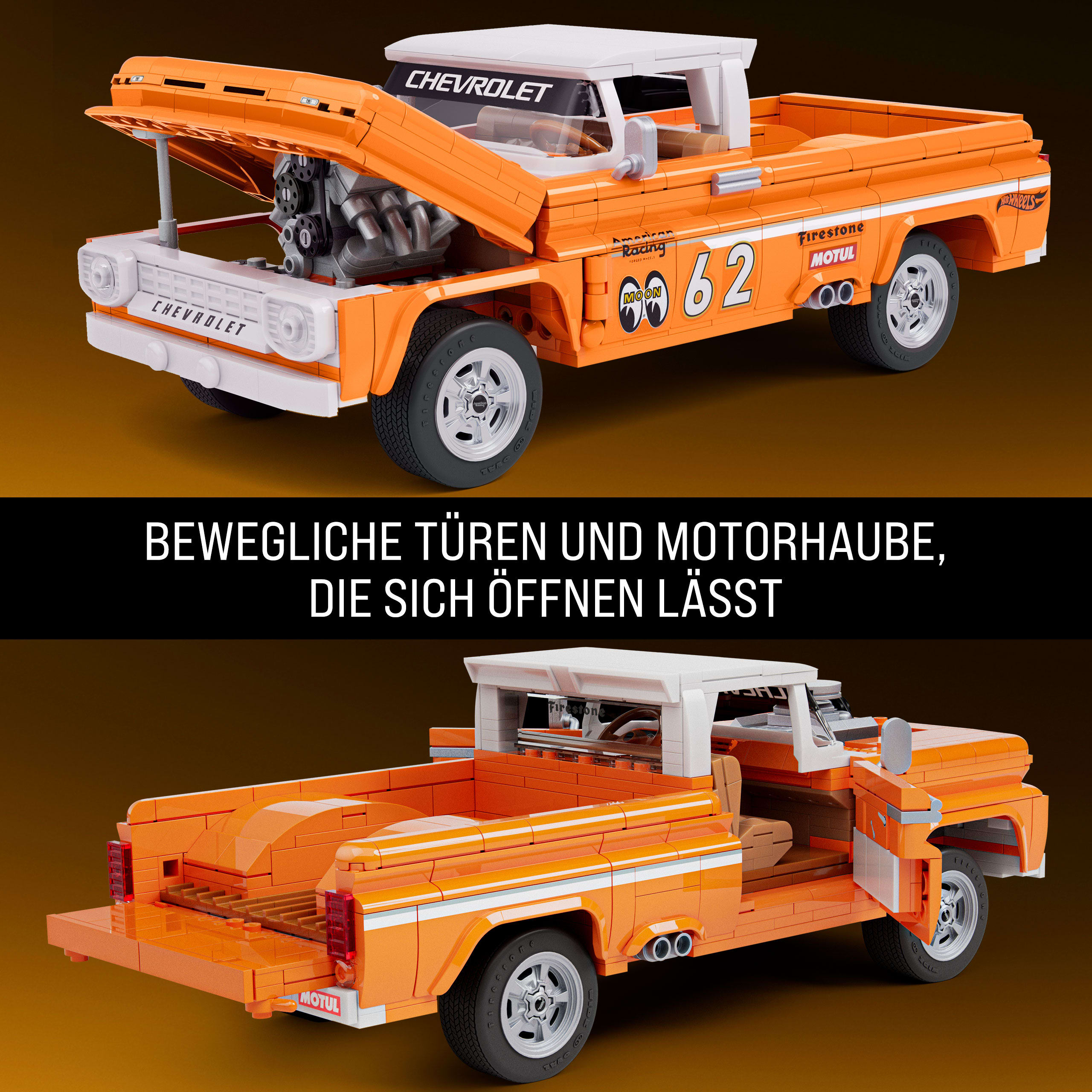 Ein orangefarbener Lego-Pickup-Truck mit geöffneter Motorhaube und Türen. Mit Chevy-Branding, Rennaufklebern und Firestone-Reifen.