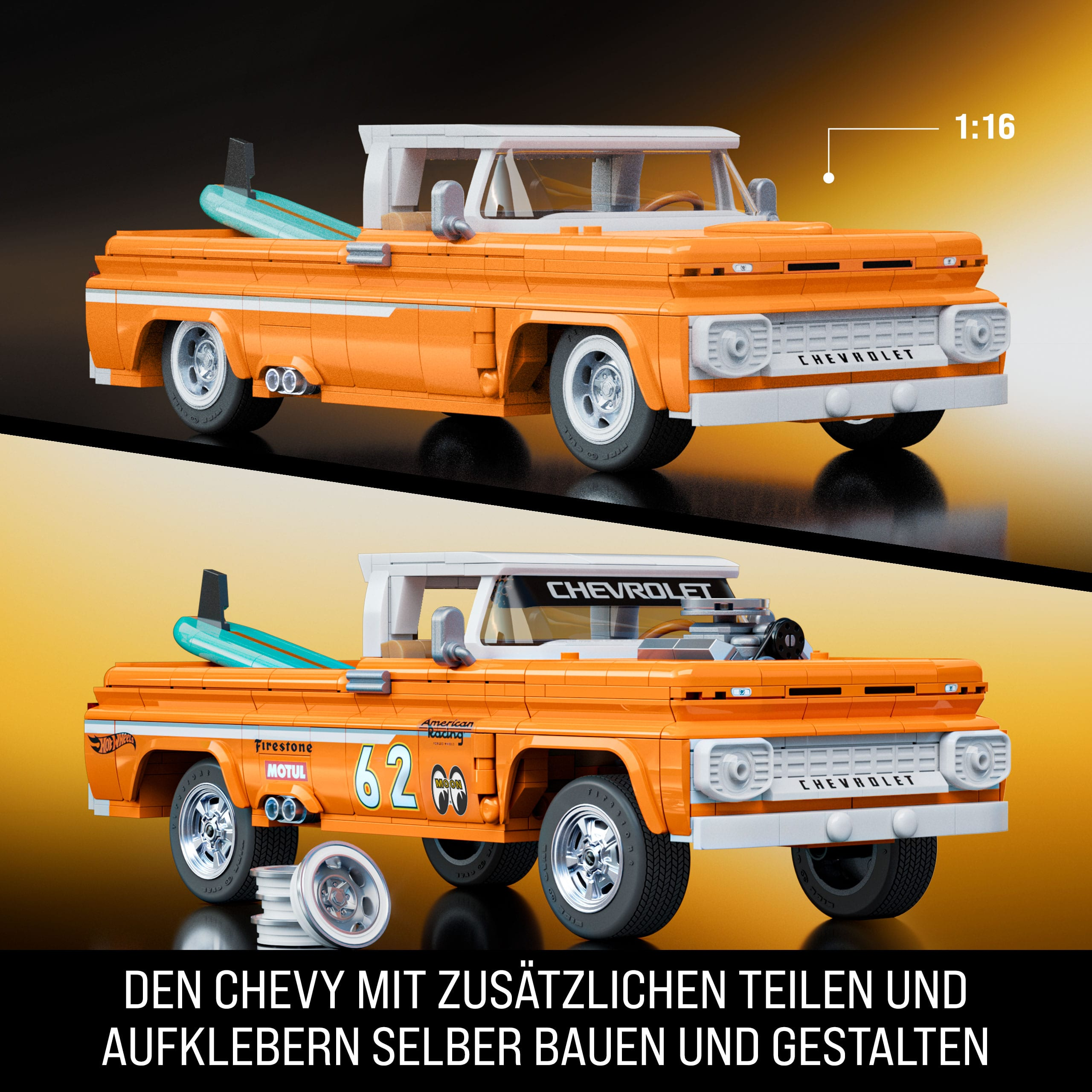 Ein orangefarbener Lego Chevrolet-Truck mit Surfbrett. Enthält zusätzliche Teile und Aufkleber. Zwei Versionen werden gezeigt.