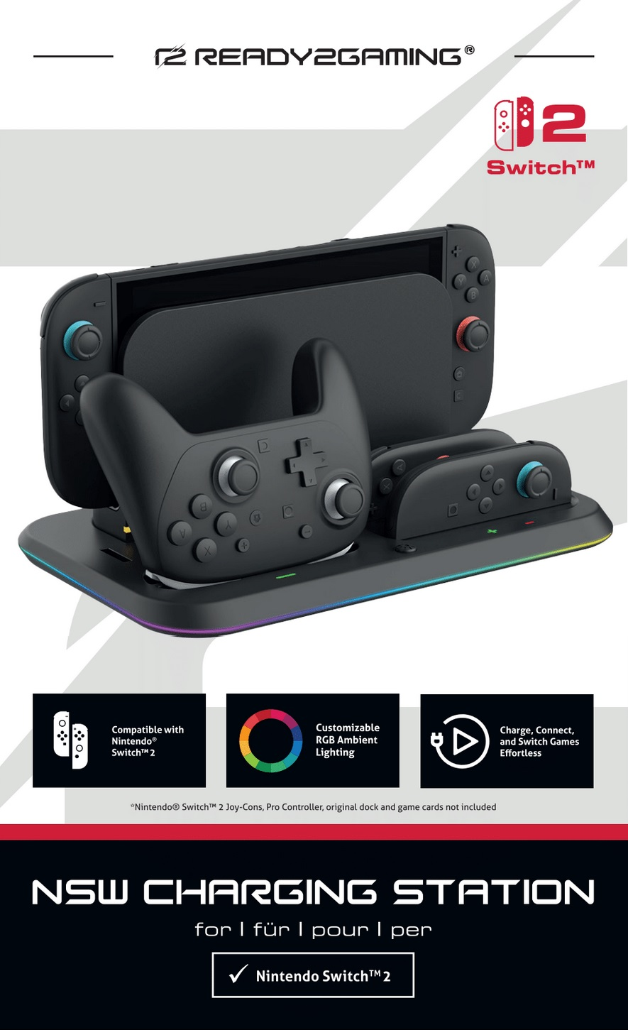 Eine schwarze Nintendo Switch-Ladestation mit Controllern, bunten Lichtern und Text: NSW Charging Station für Nintendo Switch.