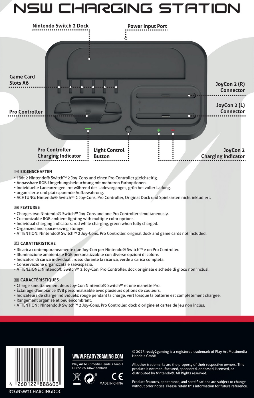 Eine schwarze Nintendo Switch Ladestation mit Slots für Controller und Spiele. Textkennzeichnungen erläutern Merkmale und Spezifikationen.