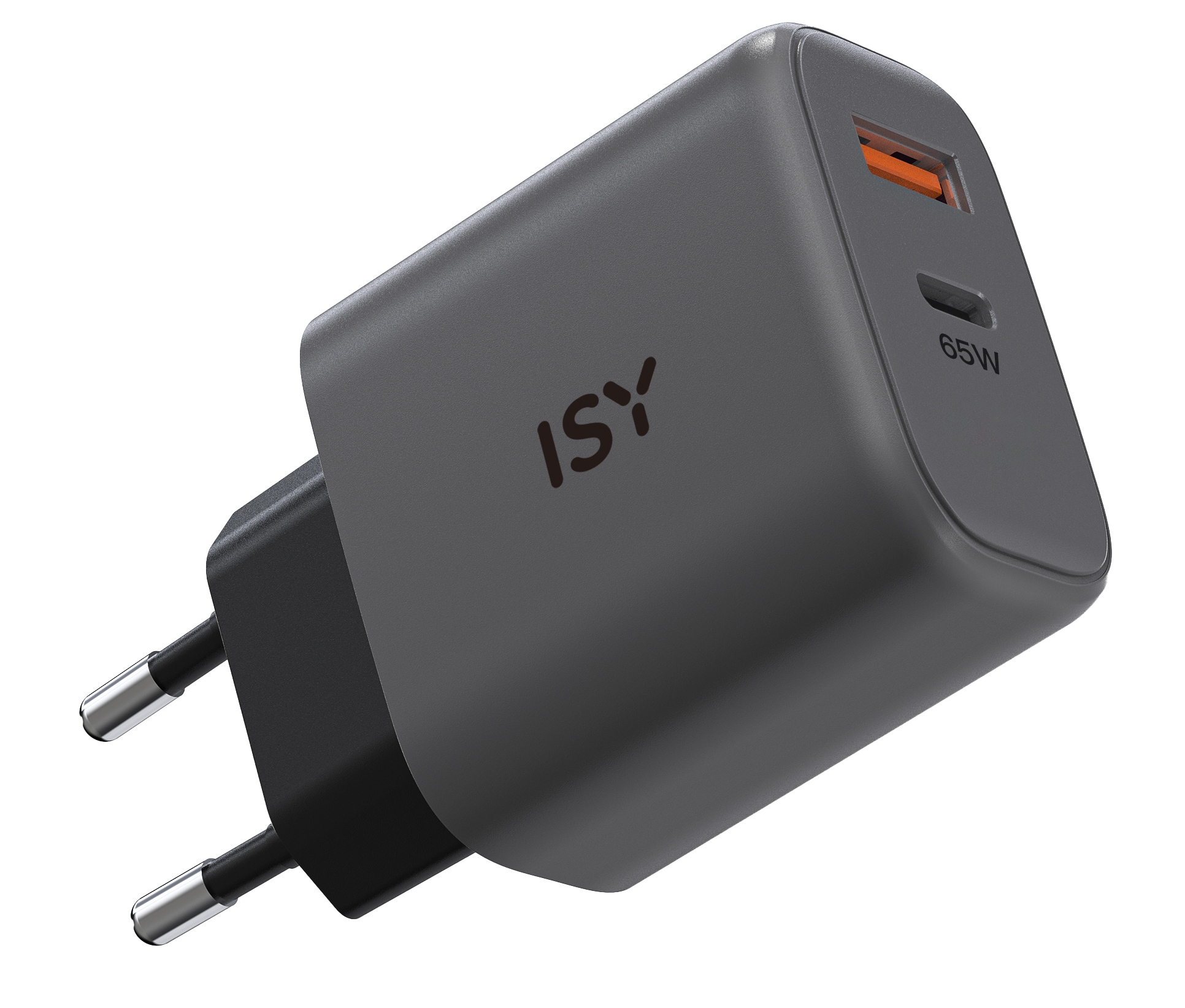 Szara ładowarka ISY 65W z pomarańczowym portem USB-C.