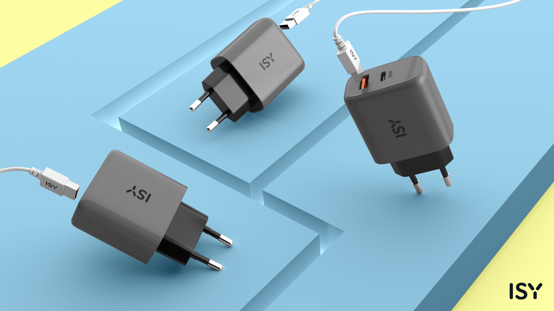 Trzy szare ładowarki ISY z białymi kablami na niebieskim i żółtym tle. Ładowarki mają czarne wtyczki i porty USB.