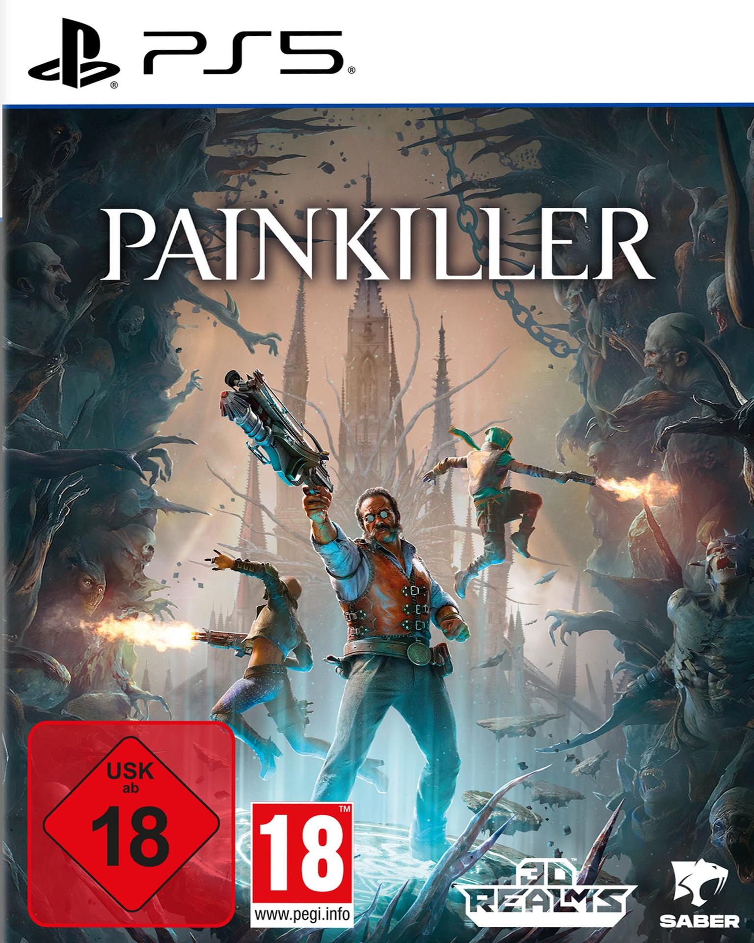 Painkiller-Spielcover. Ein Mann mit einer Waffe kämpft gegen Dämonen. Der Hintergrund hat ein Schloss. USK 18 und PEGI 18 Etiketten sind vorhanden.