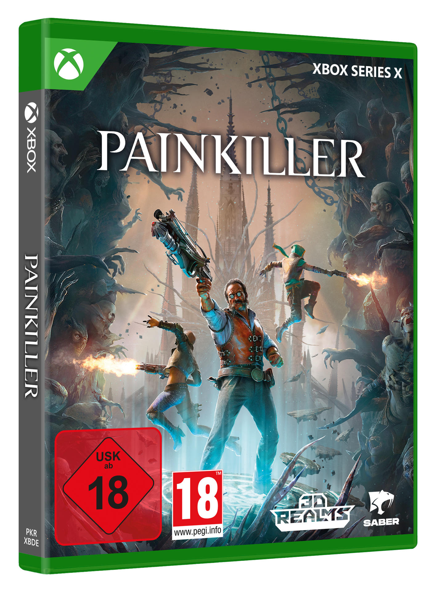 Xbox Series X-Spielcover für Painkiller. Ein Mann mit einer Waffe steht im Mittelpunkt, mit anderen Charakteren, die in einer dunklen Fantasiewelt schießen.