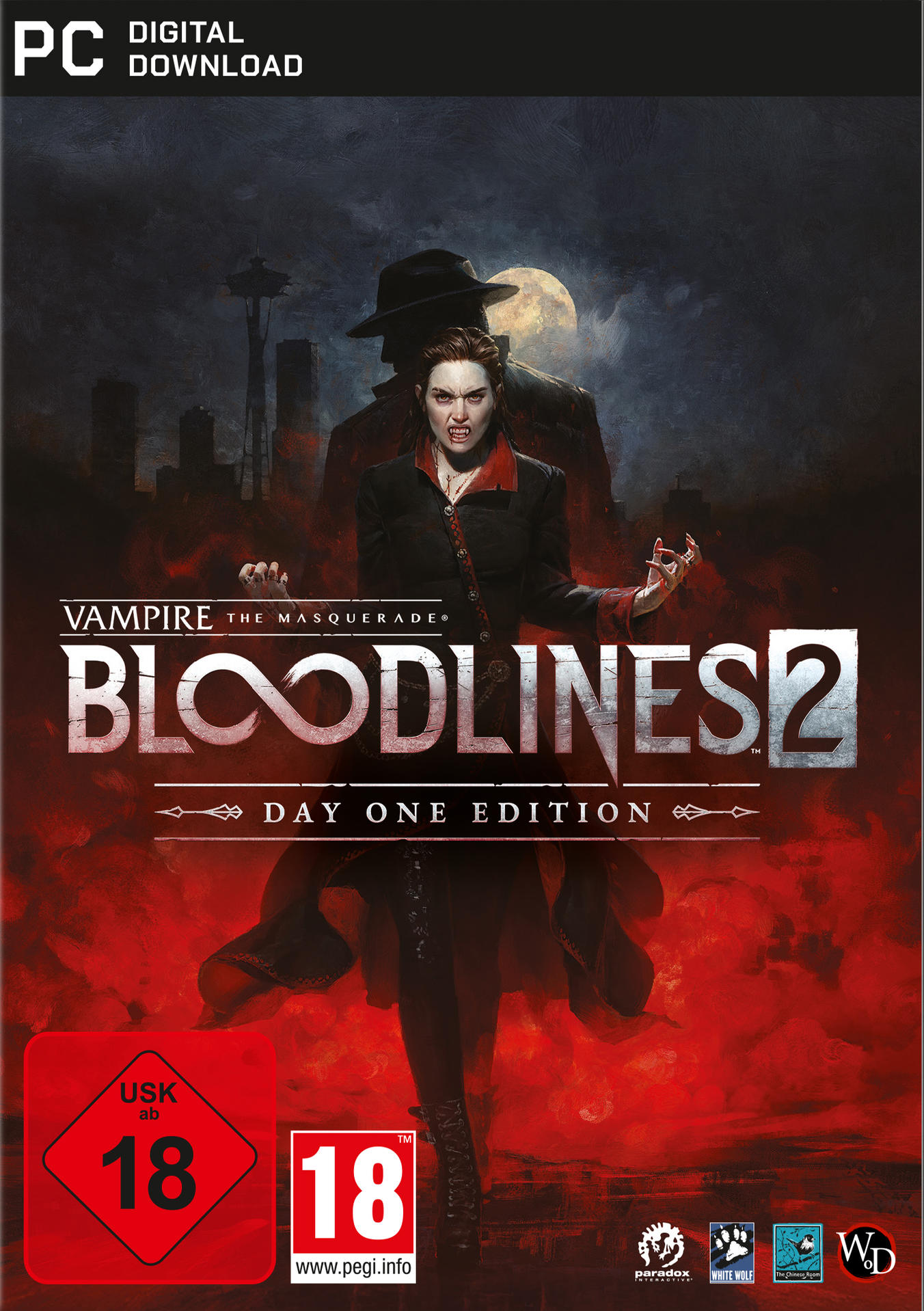 Eine Frau mit Fangzähnen in einem schwarzen Mantel steht vor einer dunklen Silhouette. Der Spieletitel 'Bloodlines 2' ist in der Mitte.
