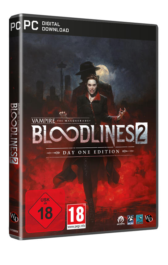 Spielcover von Vampire: The Masquerade - Bloodlines 2. Eine Frau und ein Mann mit Hüten vor dunklem Hintergrund.