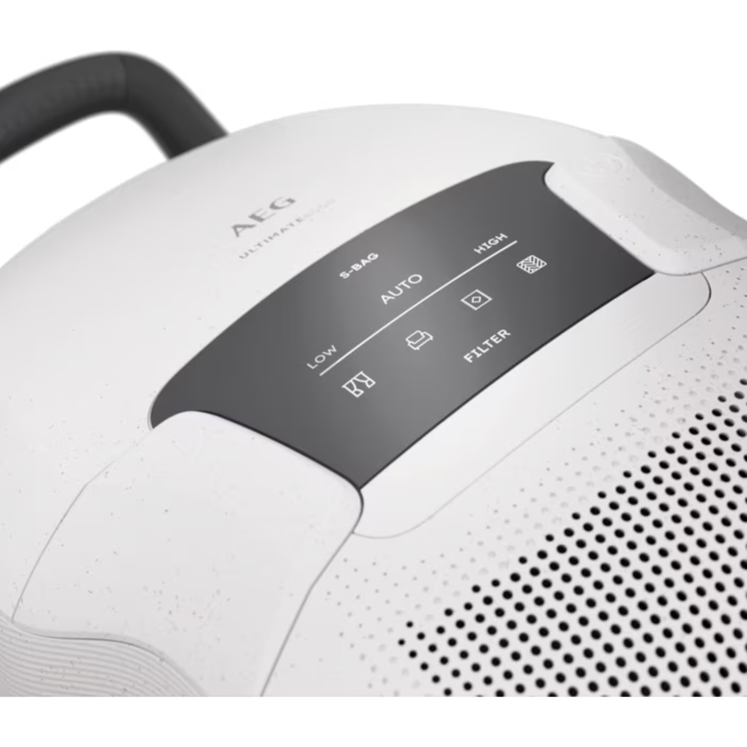 Close-up of a white AEG vacuum cleaner. Features include 'LOW', 'AUTO', 'HIGH' settings, and filter details. Black handle visible.