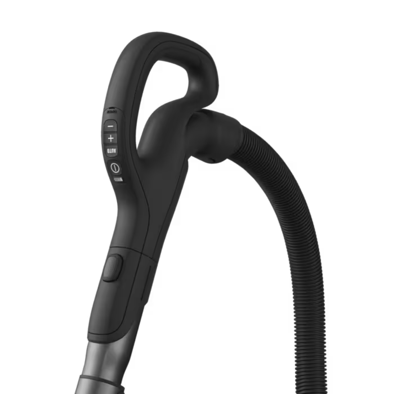 Close-up of a vacuum cleaner handle. Black plastic with buttons for power and settings. A ribbed hose extends to the right.