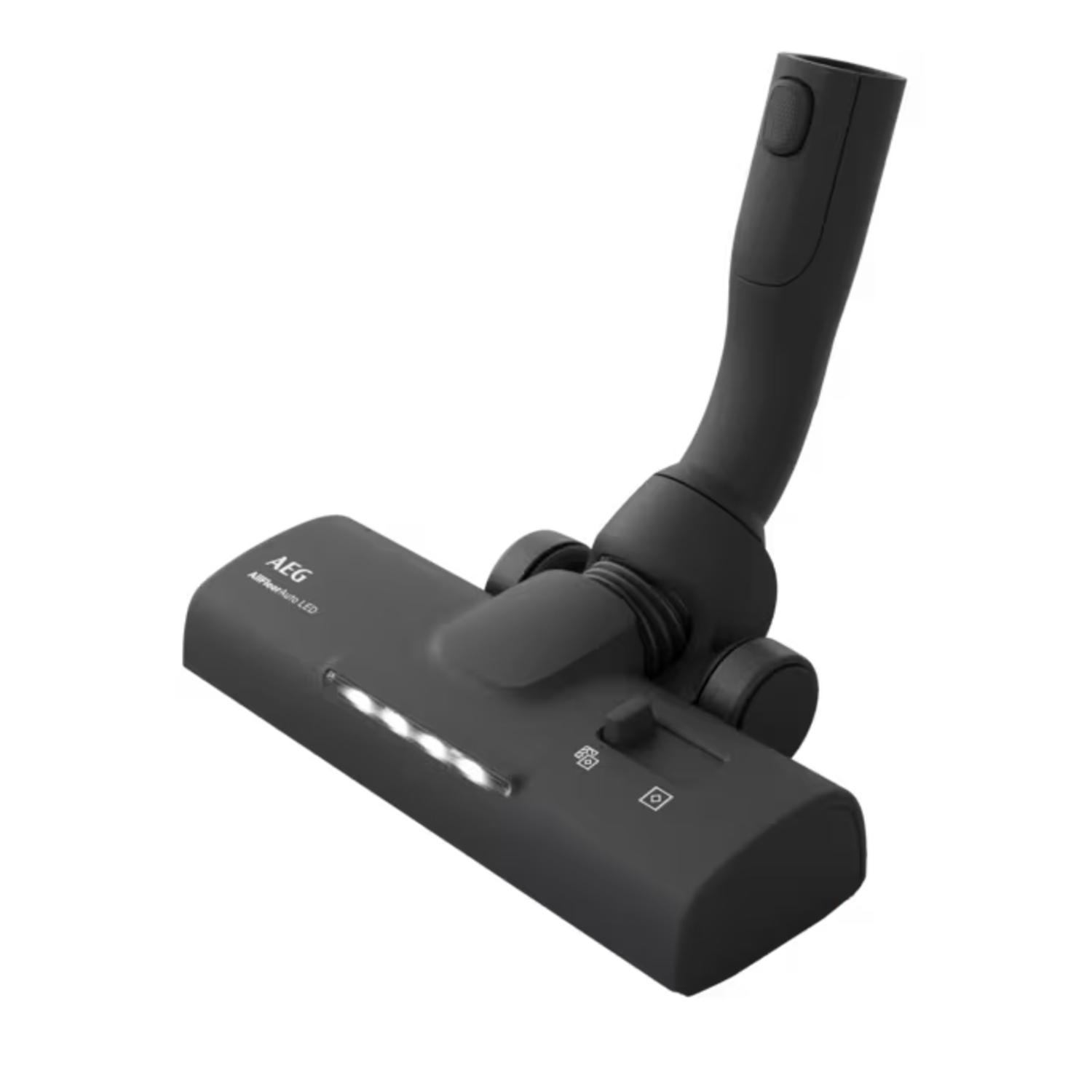 A black AEG vacuum cleaner head on a black background. It has a curved handle and a row of LED lights.