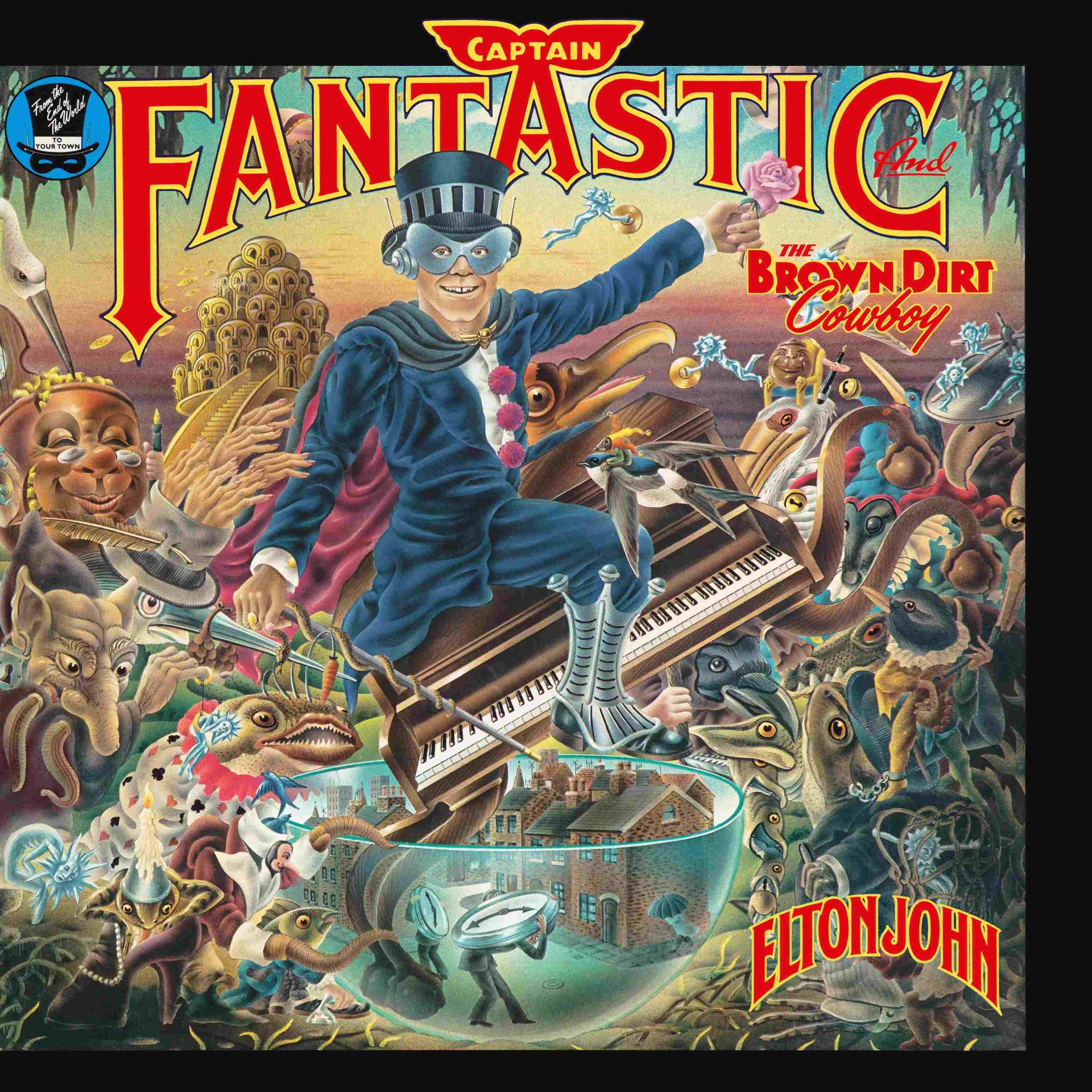 Album borító: Captain Fantastic. Elton John szuperhősként, lényekkel körülvéve, rózsát és zongorát tart.