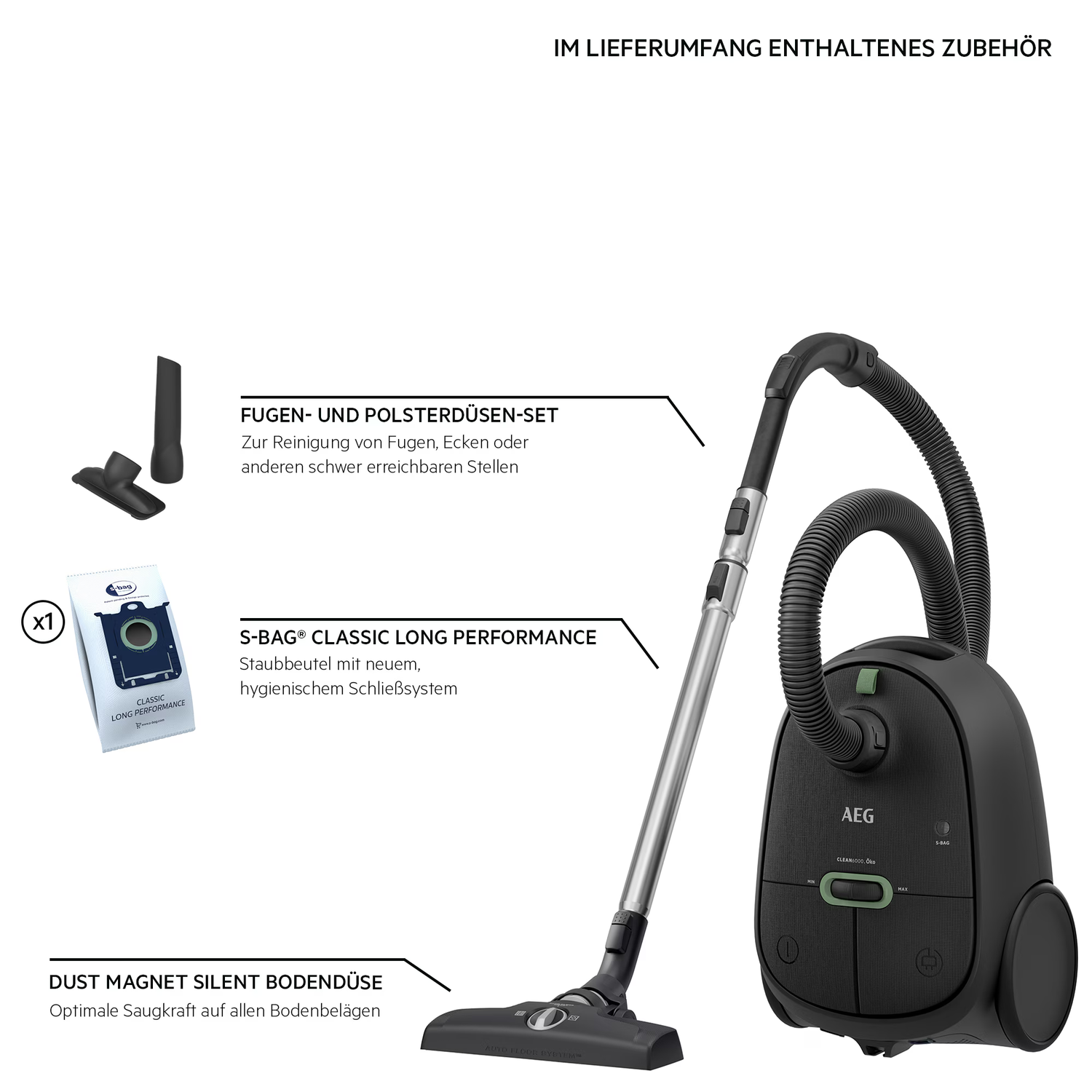 A black AEG vacuum cleaner with accessories. Includes a dust bag, nozzles, and a floor brush. The background is white.