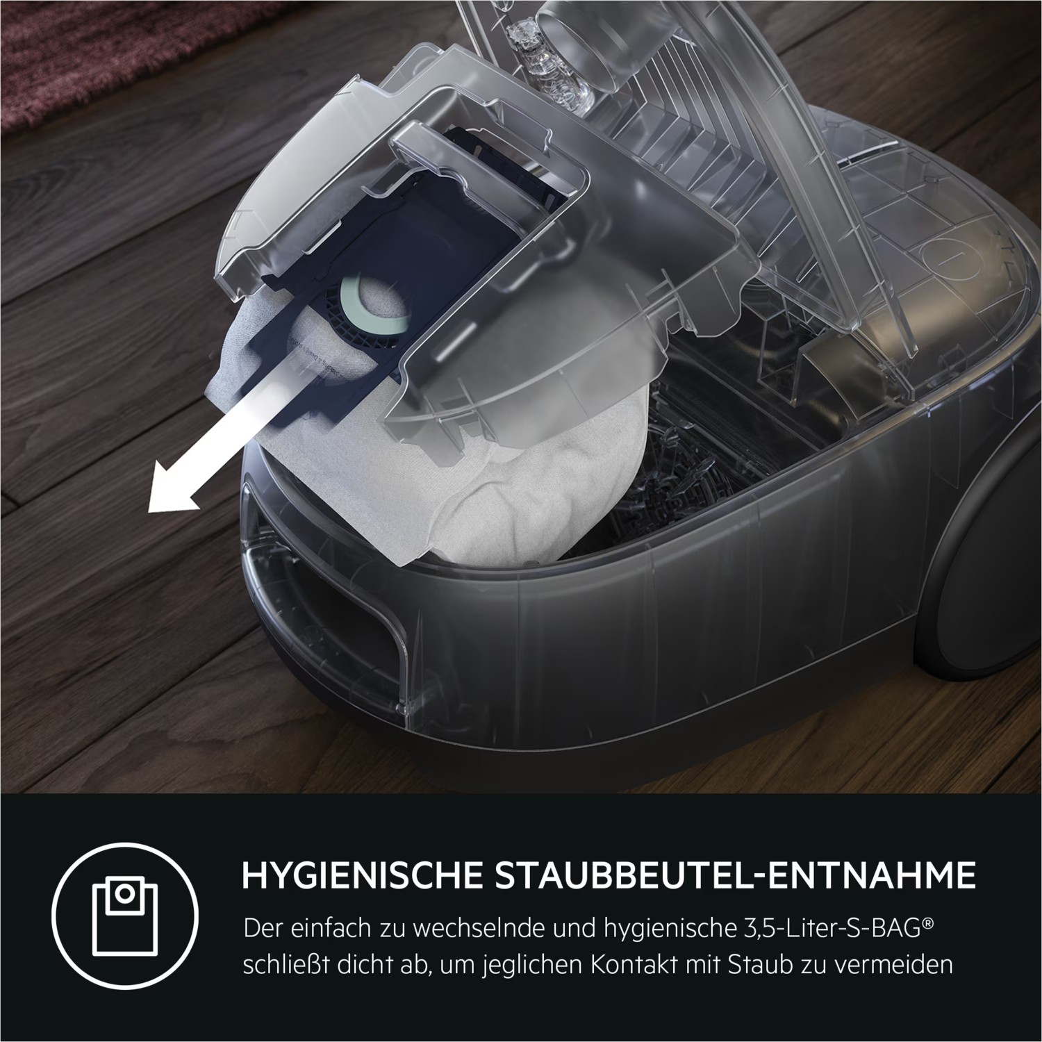 A clear vacuum cleaner with an open compartment. A white bag is being pulled out. An arrow indicates the bag's removal direction.