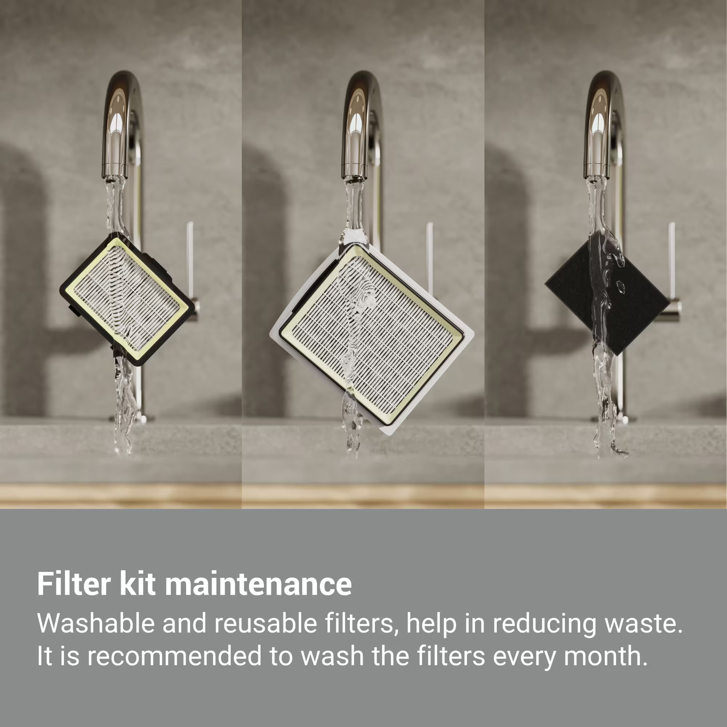 Three images show filter kits being washed under a faucet. Filters vary in color and style, water streams down.