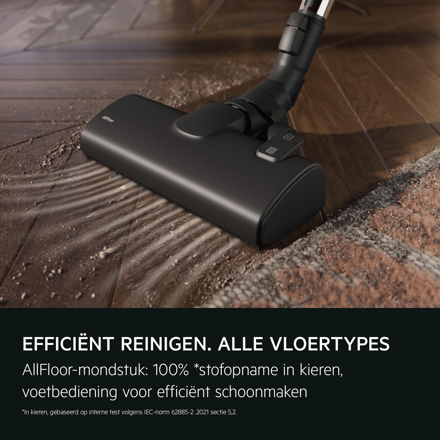 A black vacuum cleaner head cleans a wooden floor, with dust particles visible. Text reads 'Efficient cleaning, all floor types'.