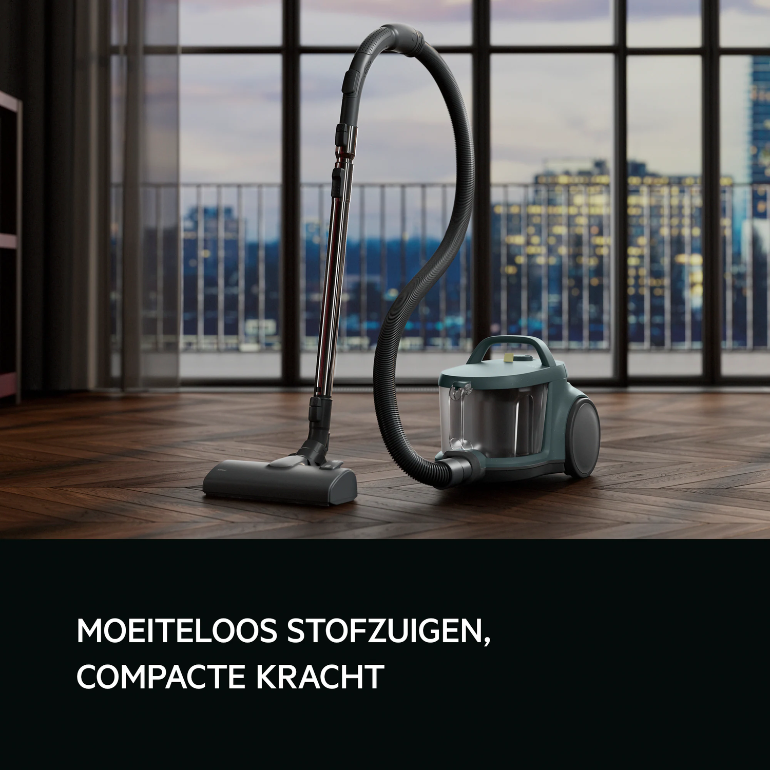 A teal vacuum cleaner on a wooden floor, with a cityscape visible through a window in the background.