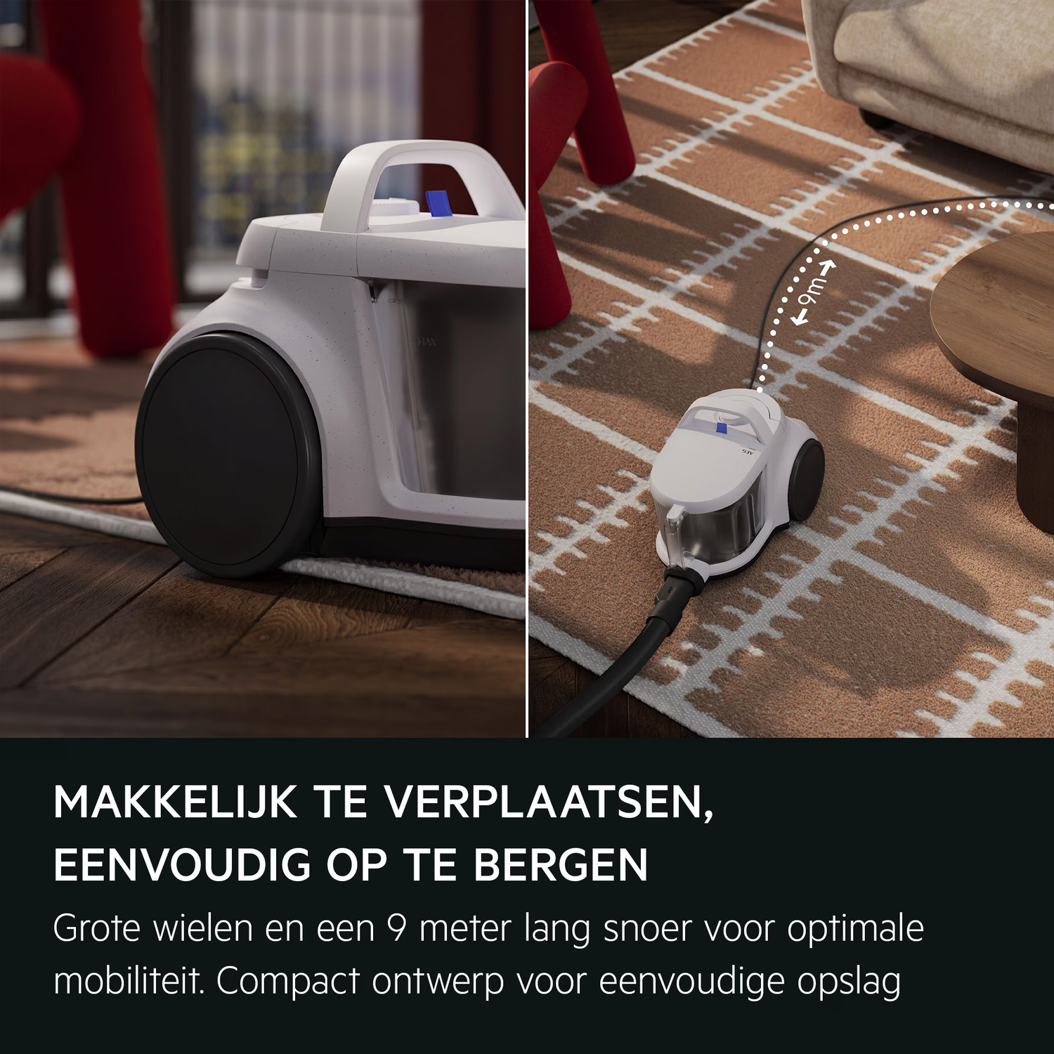 A white vacuum cleaner on a patterned rug. Features include large wheels and a 9-meter cord, highlighting easy storage.