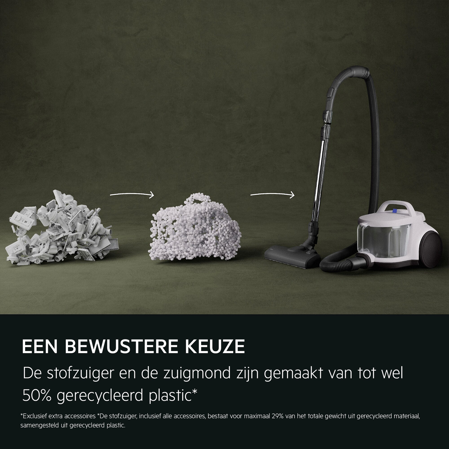 Image shows a vacuum cleaner made of recycled plastic. Components are shown transitioning from waste to a final product.