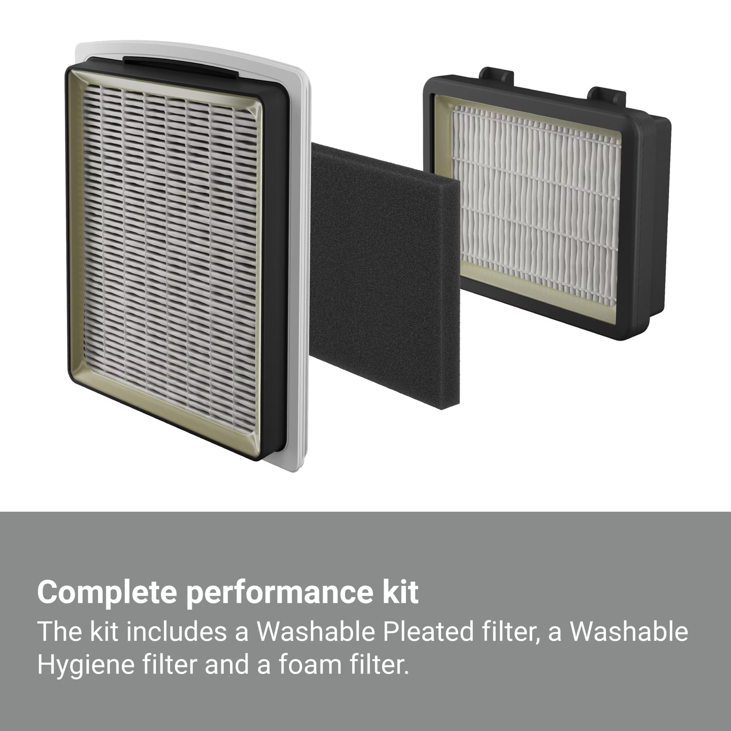 Three air filters are displayed: pleated, hygiene, and foam. They are components of a complete performance kit.