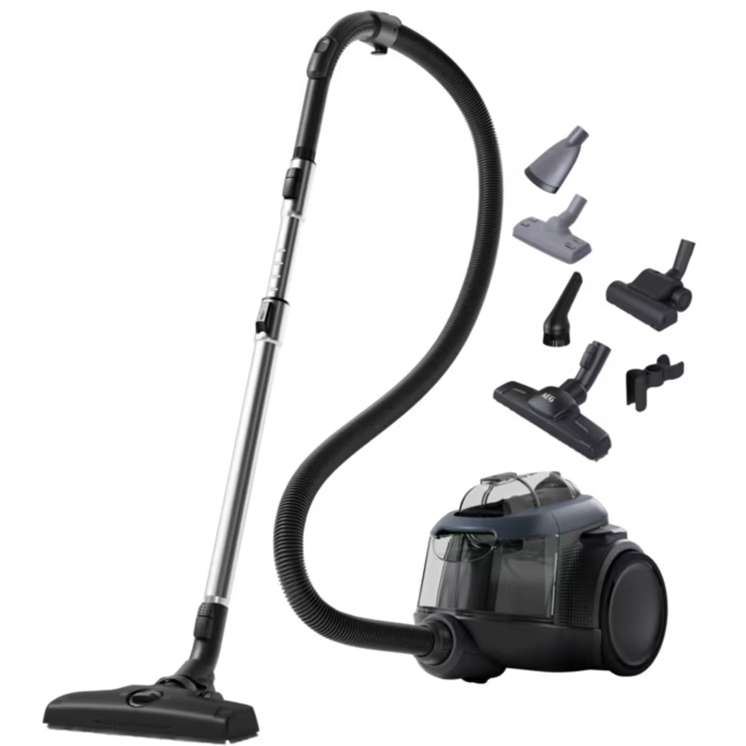 An AEG vacuum cleaner with several attachments. The main unit is black and gray, with a clear dust compartment. Several nozzles are visible.