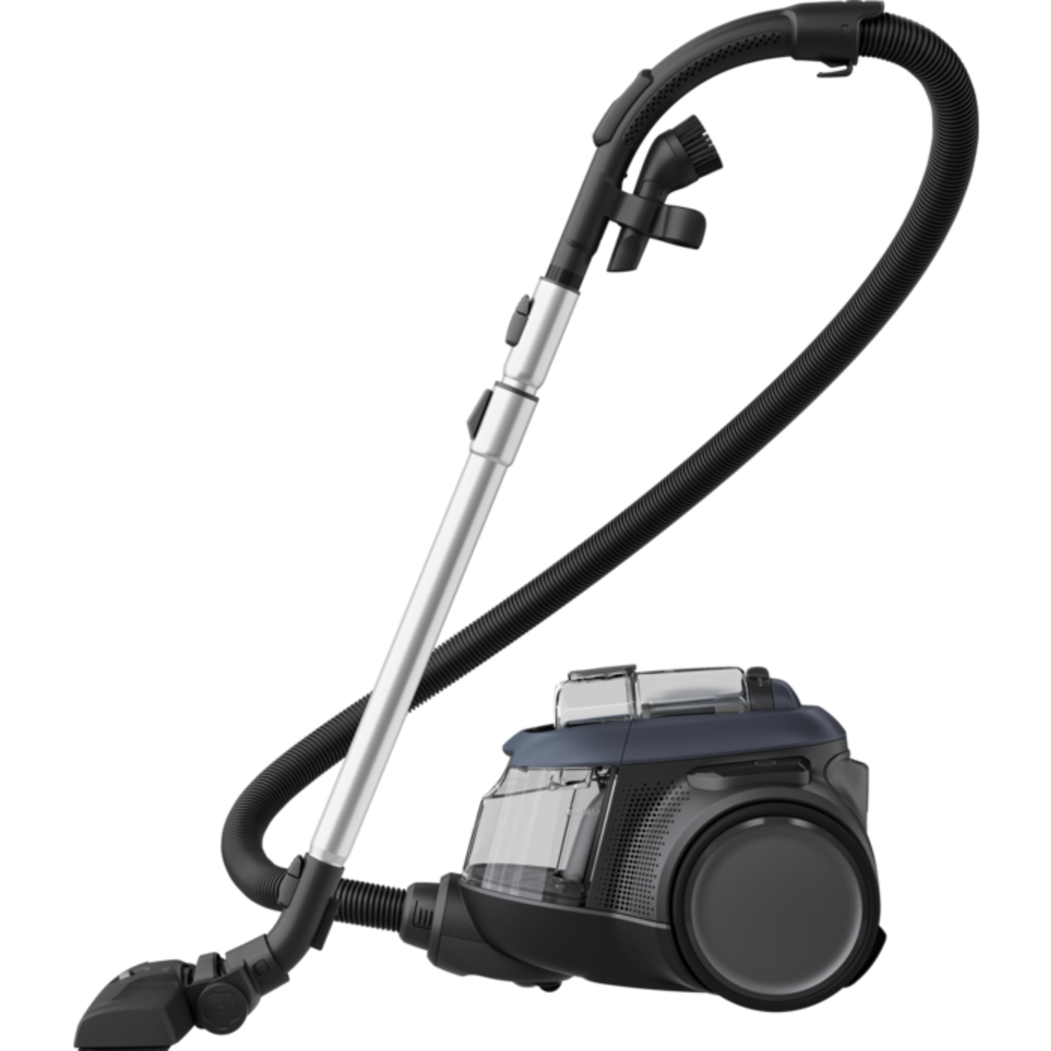 A black and blue vacuum cleaner with a silver tube and black hose is shown against a black background.