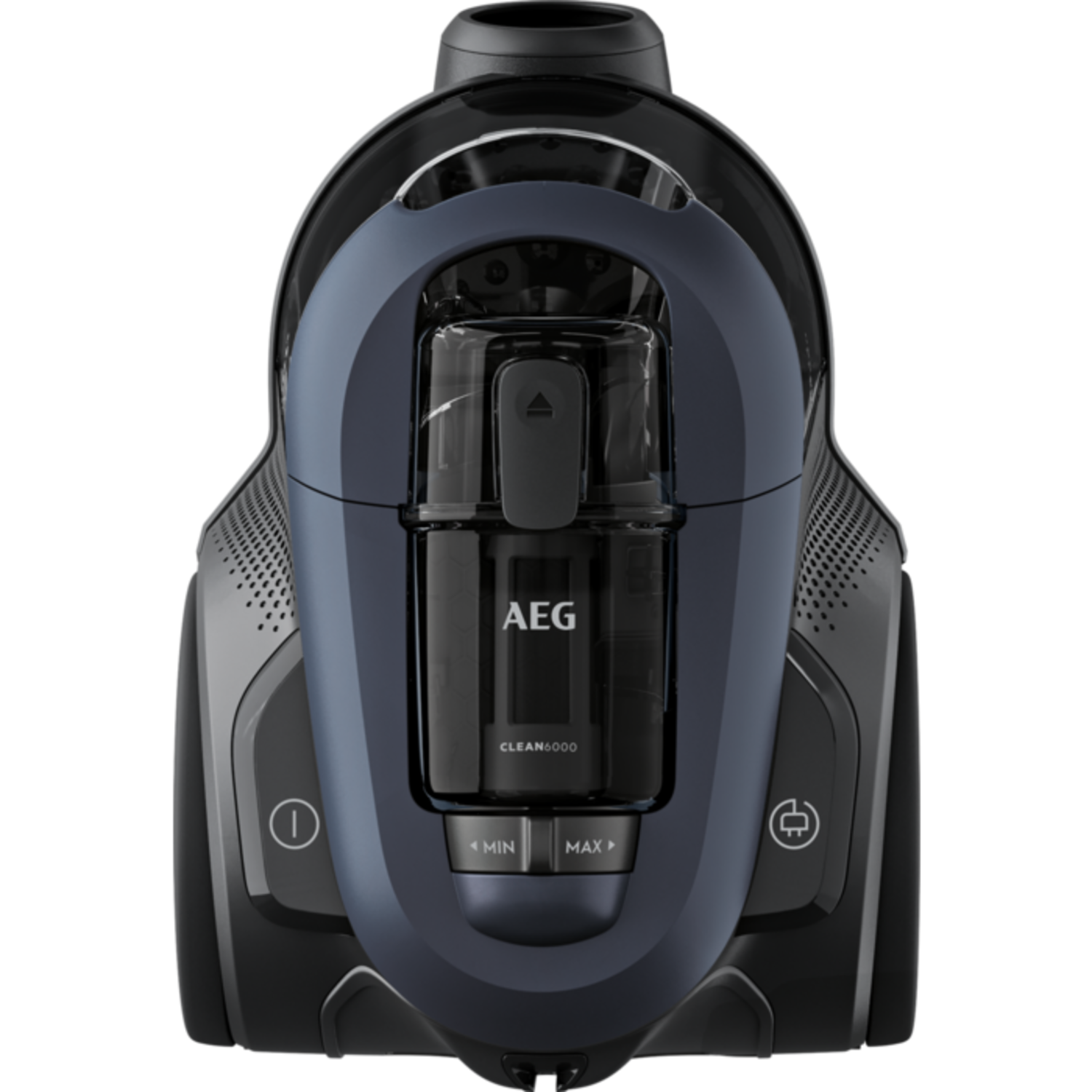An AEG Clean 6000 vacuum cleaner, dark gray and navy blue. Features power and suction controls. The AEG logo is visible.