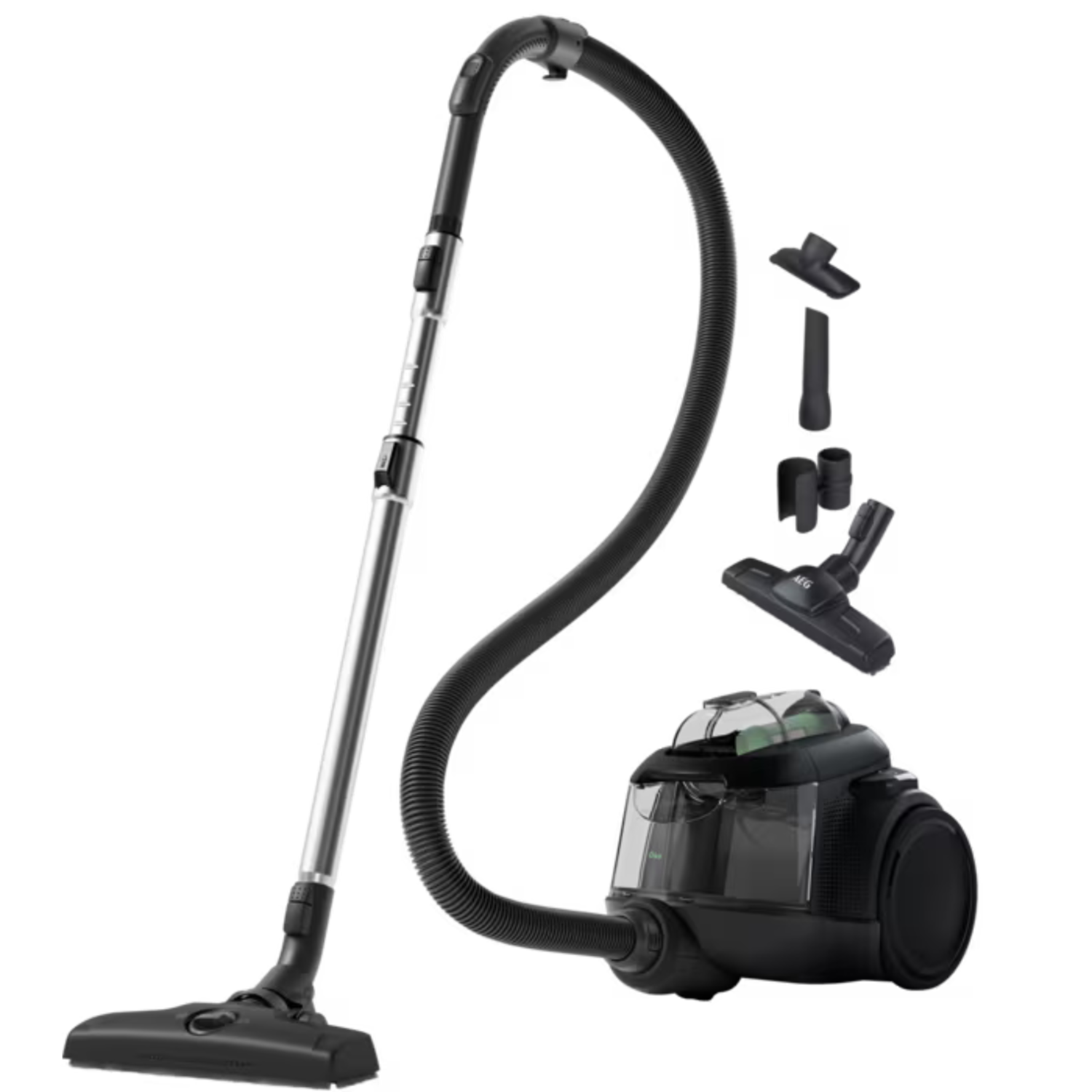 A black vacuum cleaner with silver parts and accessories on a black background. The vacuum cleaner is partially disassembled.