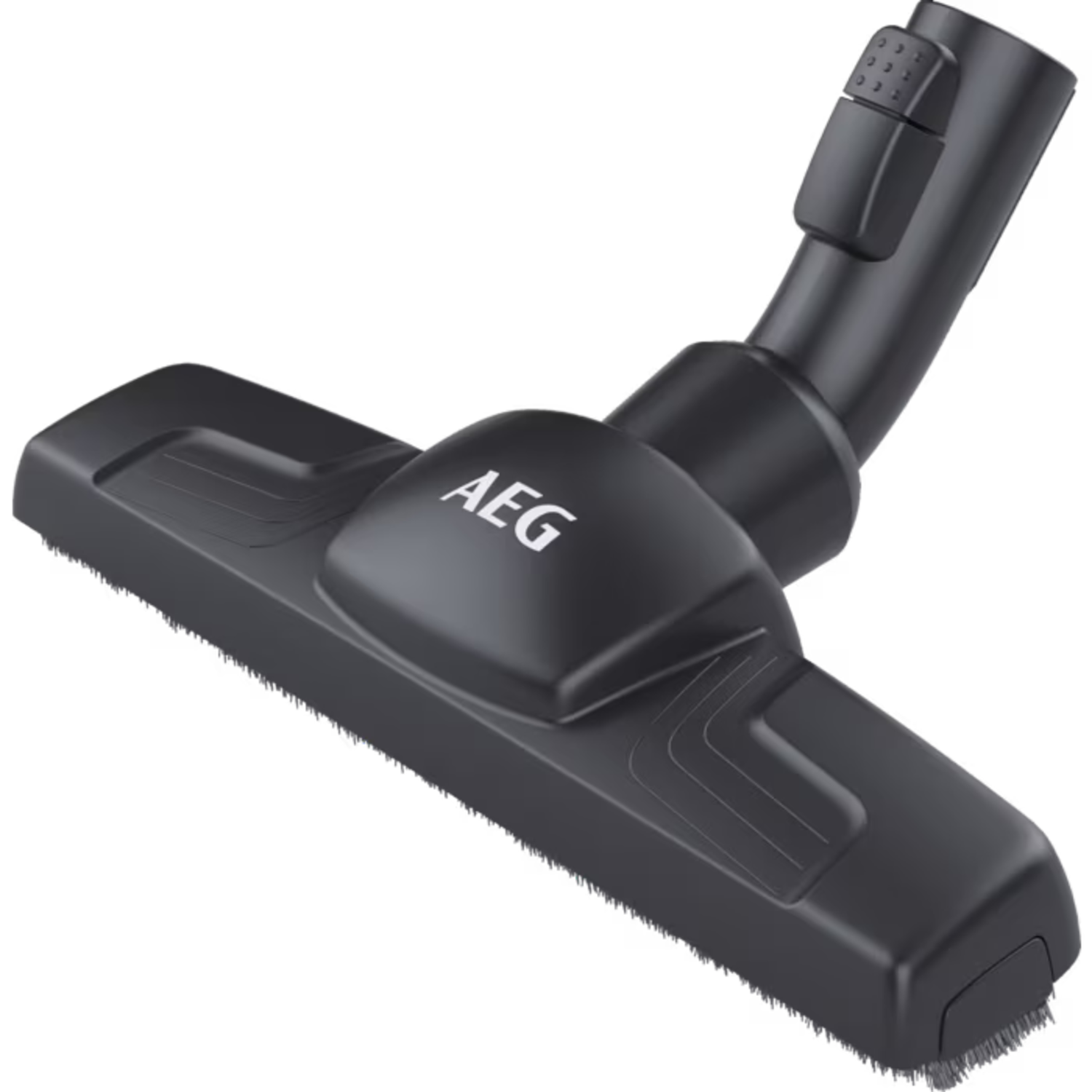 Black vacuum cleaner head with 'AEG' logo. Features a brush, angled neck, and a button. Isolated on a black background.