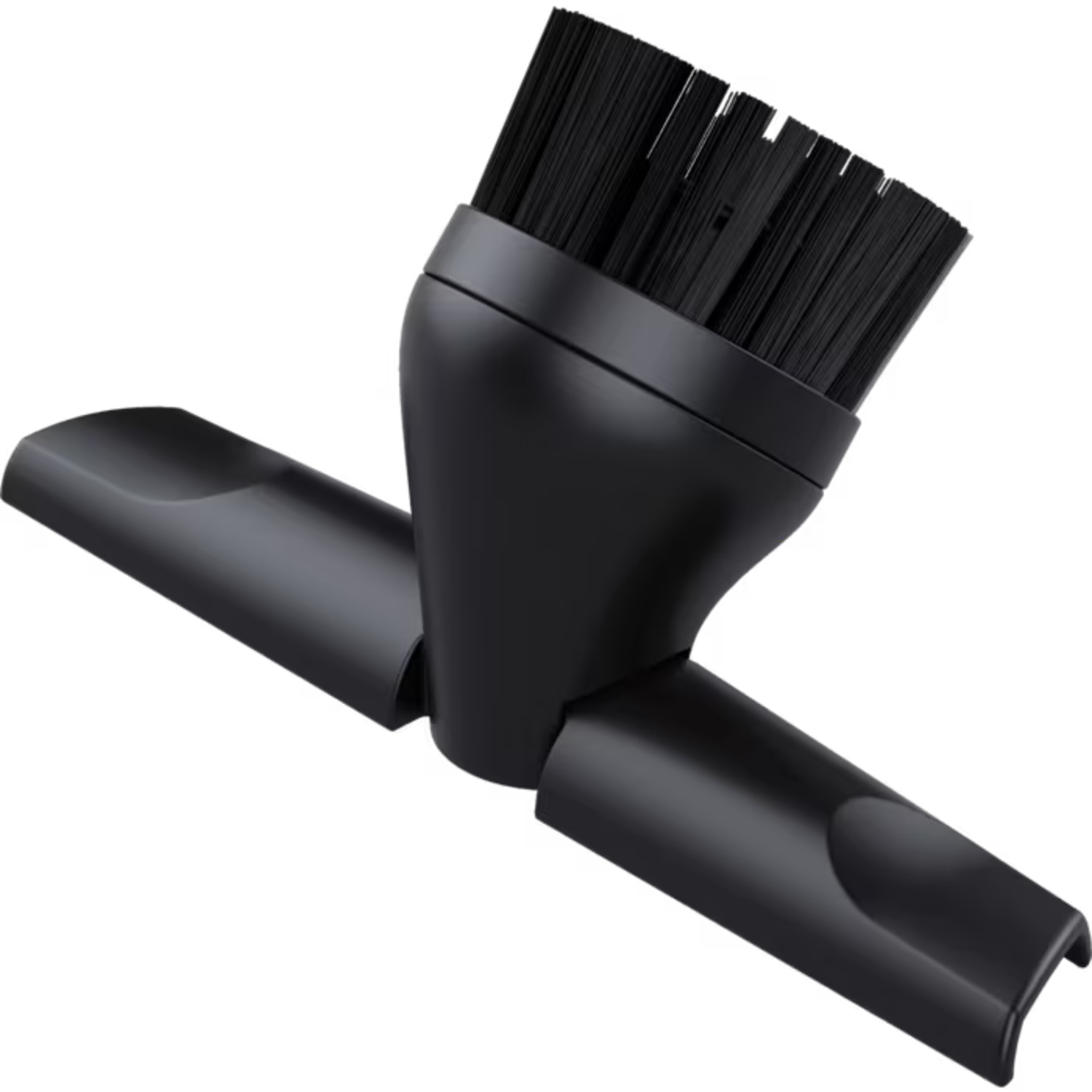 A black vacuum cleaner brush attachment. It has a brush head and two angled extensions.