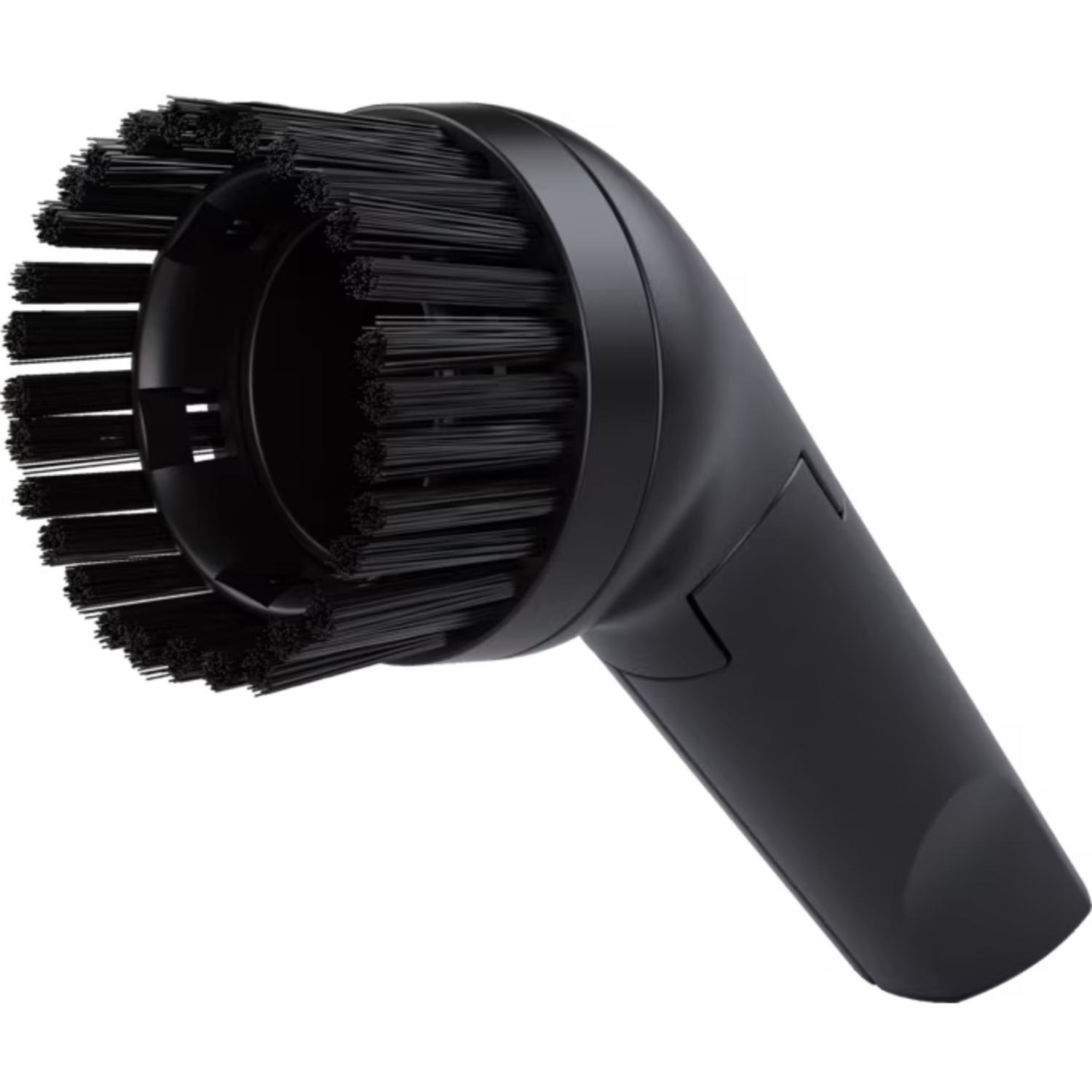 A black vacuum cleaner brush head. It has a circular brush with many bristles, and a handle attached.