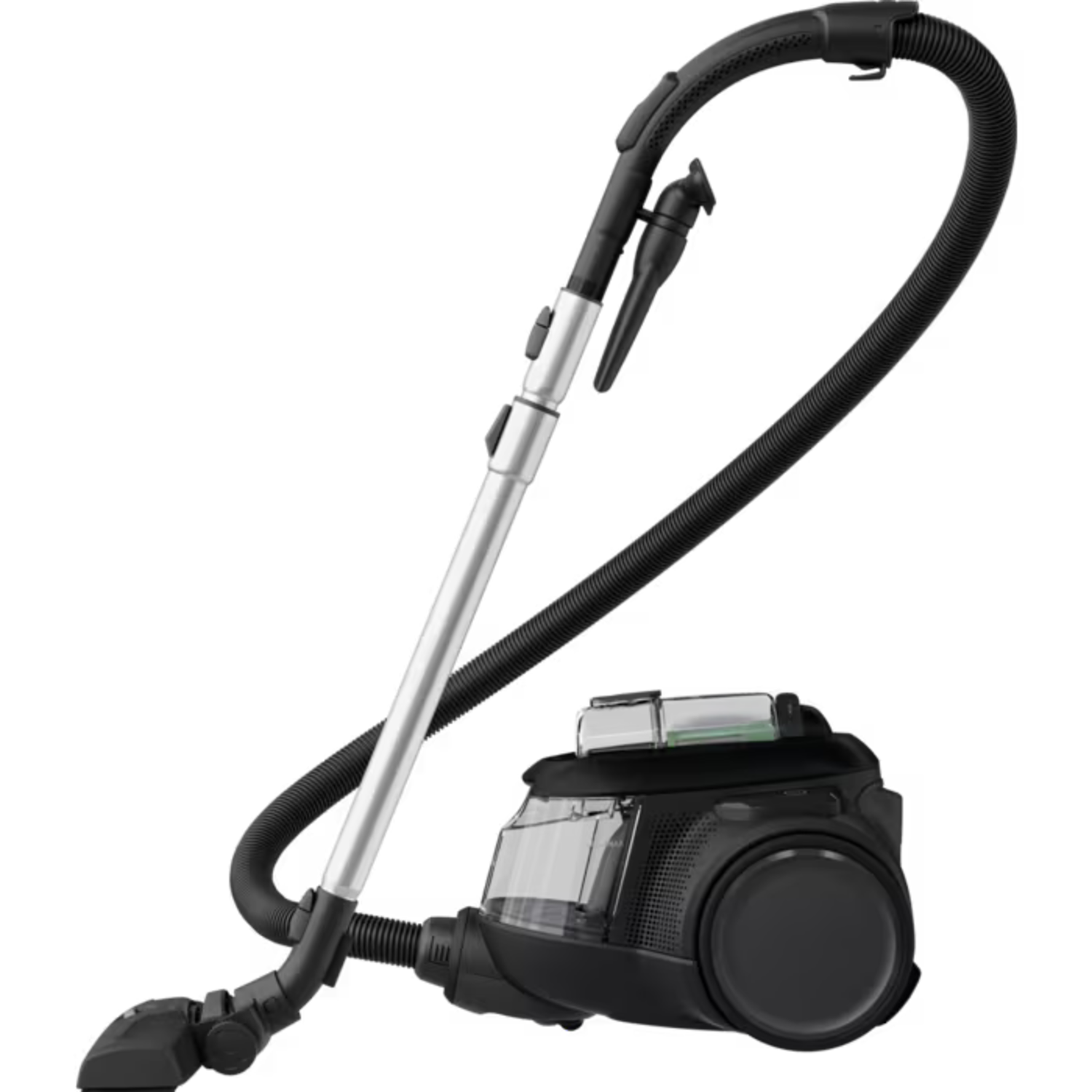 A black vacuum cleaner with a silver handle. The vacuum has a hose and a nozzle. It is set against a black background.