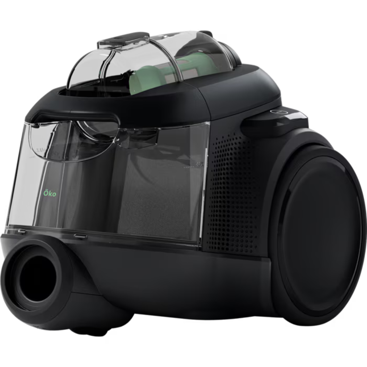 A black vacuum cleaner with transparent dust container. It has a round wheel and a handle. The Öko logo is visible.