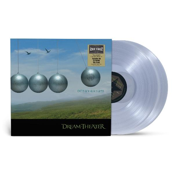 A Dream Theater Octavarium című albumának borítója bakelitlemezzel. Gömbök lógnak egy táj előtt. A lemez átlátszó.