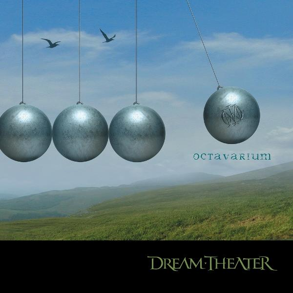 A képen négy ezüst gömb lóg az égen. Két madár repül egy zöld mező felett, alul a 'Dream Theater' felirat látható.