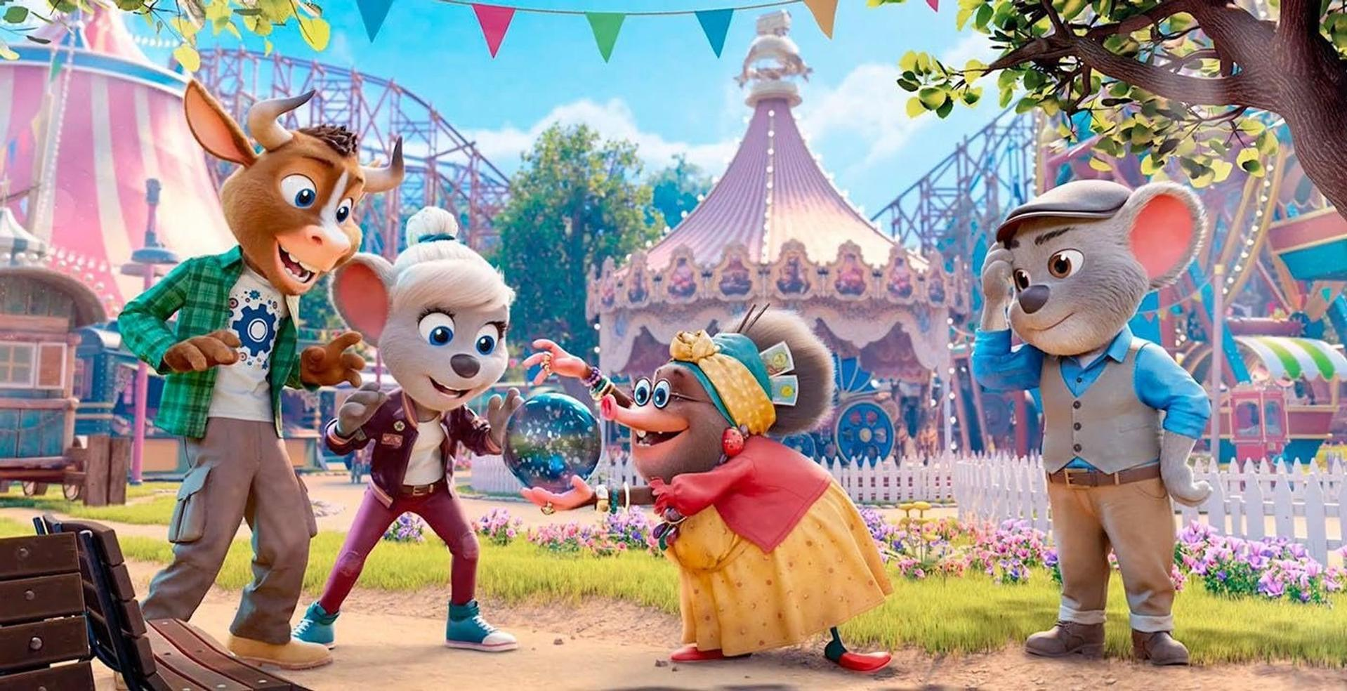 Cartoonfiguren in einem Vergnügungspark. Ein Bulle, zwei Mäuse und ein Maulwurf stehen vor einem Karussell und einer Achterbahn.