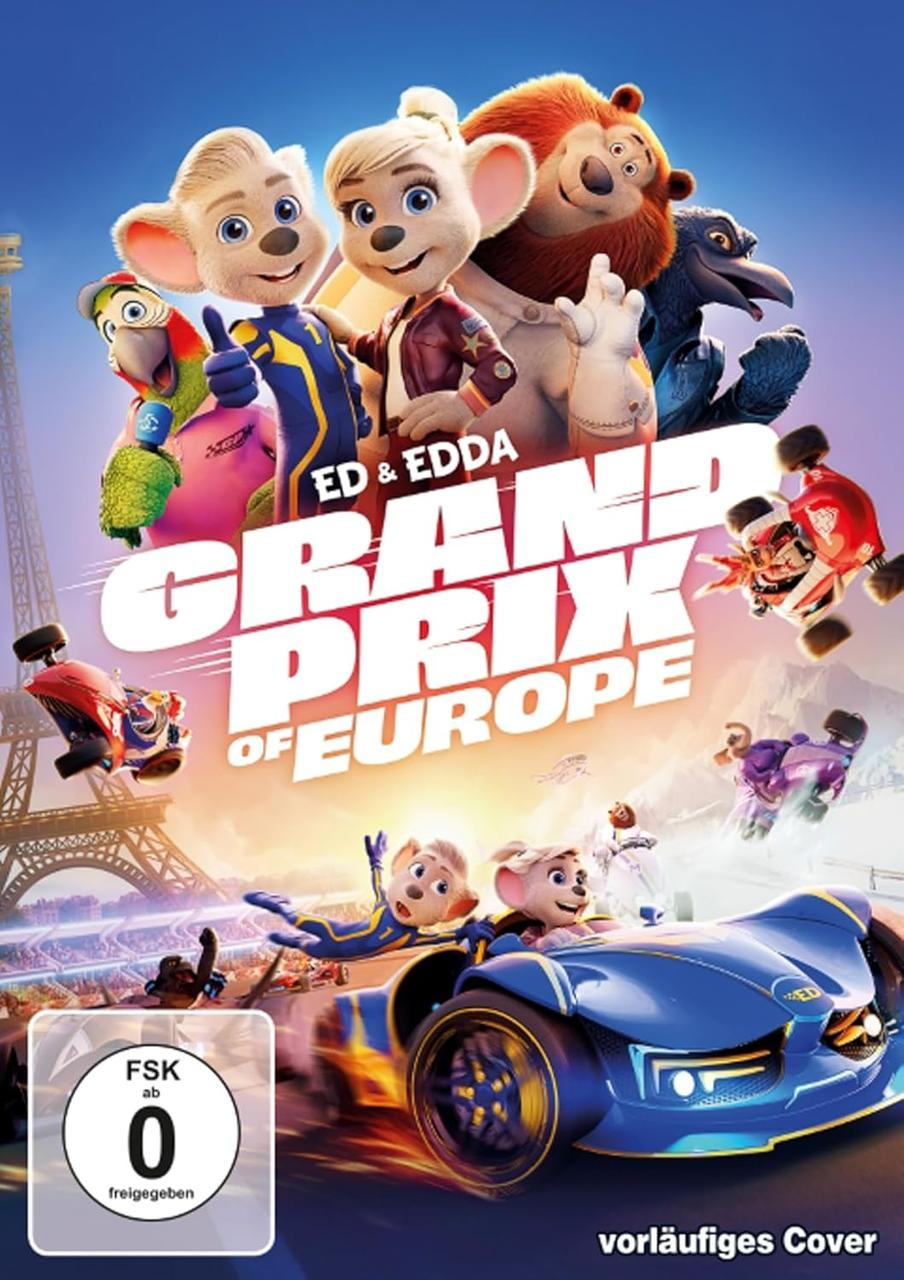 Filmplakat: Ed & Edda, Grand Prix of Europe. Zeichentrickmäuse und andere Tiere fahren Autorennen. Eiffelturm im Hintergrund.